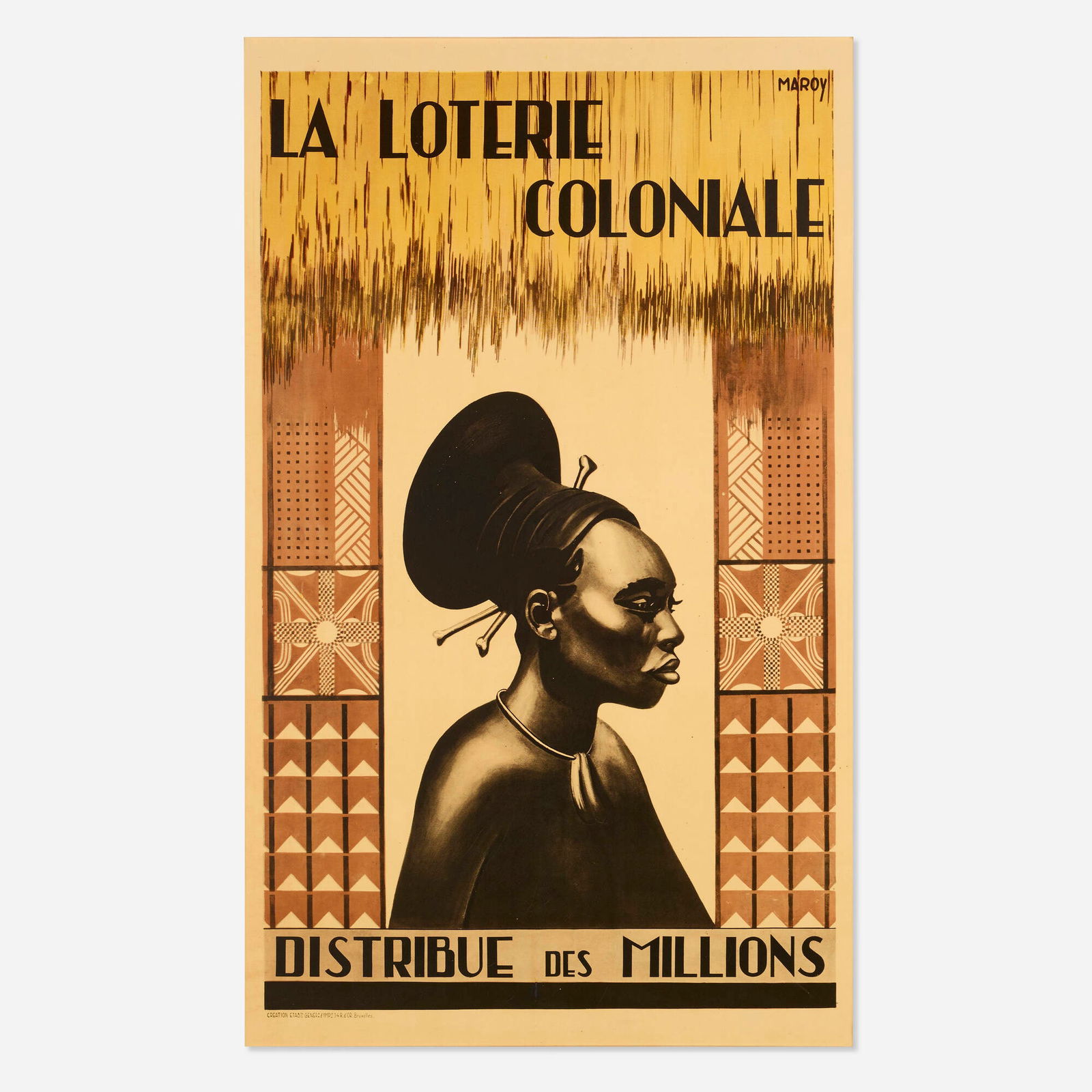 Maroy, La Loterie Coloniale vintage poster: Maroy La Loterie Coloniale vintage poster c. 1937offset lithograph in colors sight: 39.125 h x 23.5 w in (99 x 60 cm) Aimed at raising money for charitable work in the Belgian Congo, this stat
