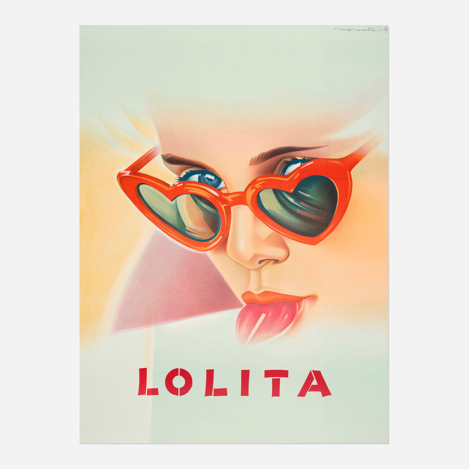 Roger Soubie, Lolita vintage poster: Roger Soubie Lolita vintage poster 1962 62.625 h x 47.625 w in (159 x 121 cm) Designed for the 1962 MGM adaptation of Vladimir Nabokov's novel, this vivid poster showcases Sue Lyon's unforgettable i