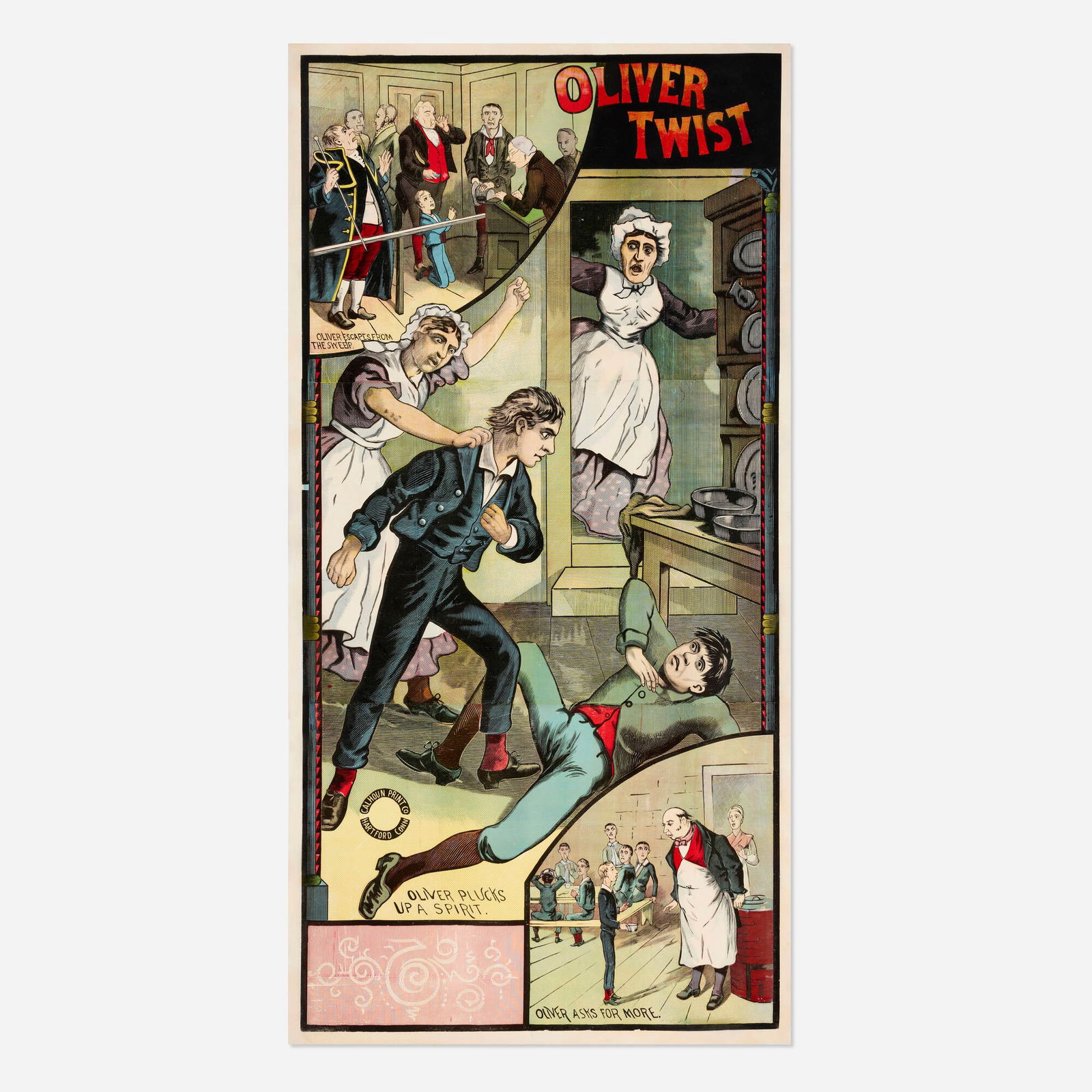 Oliver Twist vintage poster: Oliver Twist vintage poster c. 1892 82.75 h x 42.125 w in (210 x 107 cm) Rather than focusing on a single moment, this massive three-sheet woodblock-engraved "Oliver Twist" poster strings together thr