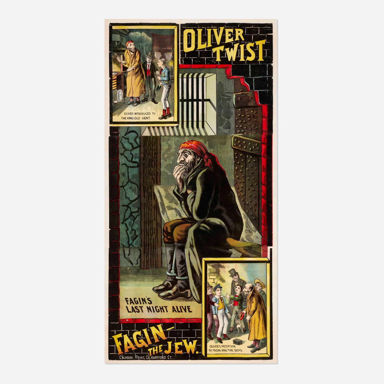 Oliver Twist / Fagin the Jew vintage poster: Oliver Twist / Fagin the Jew vintage poster c. 1892 83 h x 42.125 w in (211 x 107 cm) Centered on the figure of Fagin, this massive three-sheet woodblock-engraved "Oliver Twist" poster brings together