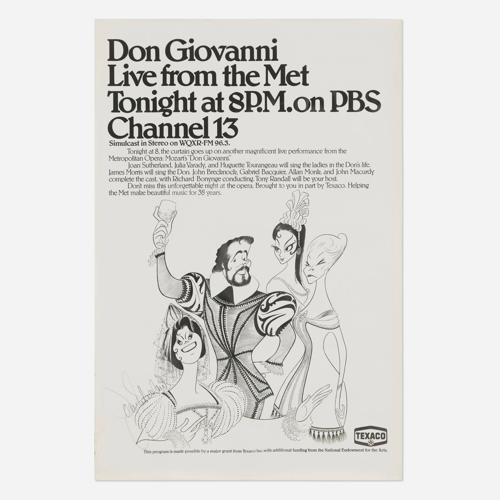 Al Hirschfeld, Don Giovanni / Live from the Met vintage poster: Al Hirschfeld Don Giovanni / Live from the Met vintage poster c. 1978 36 h x 24 w in (91 x 61 cm) Al Hirschfeld is best known for his iconic black-and-white caricatures of Broadway stars, but his