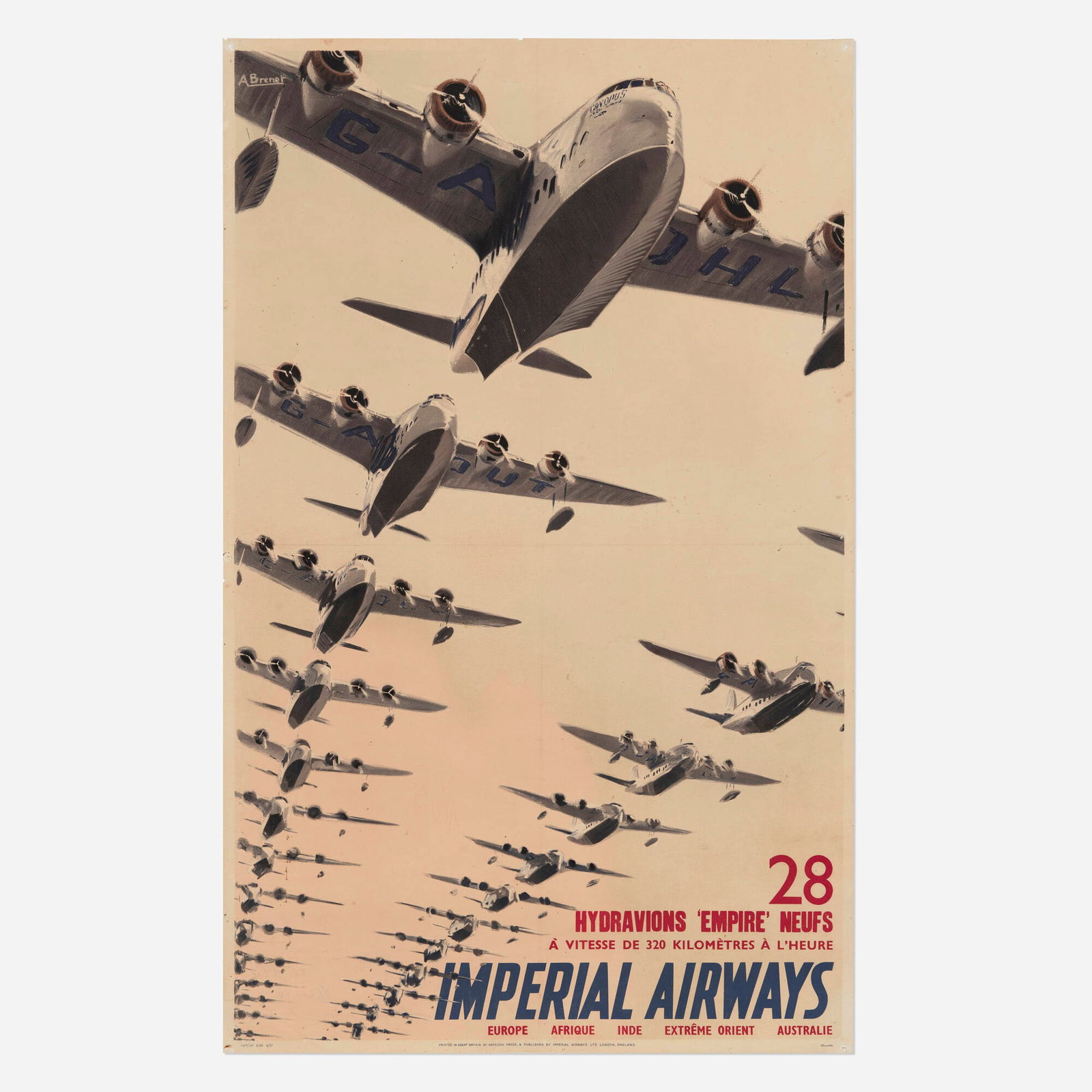 Albert Brenet, Imperial Airways / 28 Hydravions 'Empire' Neufs vintage poster: Albert Brenet Imperial Airways / 28 Hydravions 'Empire' Neufs vintage poster 1937 39.5 h x 24.375 w in (100 x 62 cm) This ambitious interwar-era composition captures a squadron of aircraft sweeping