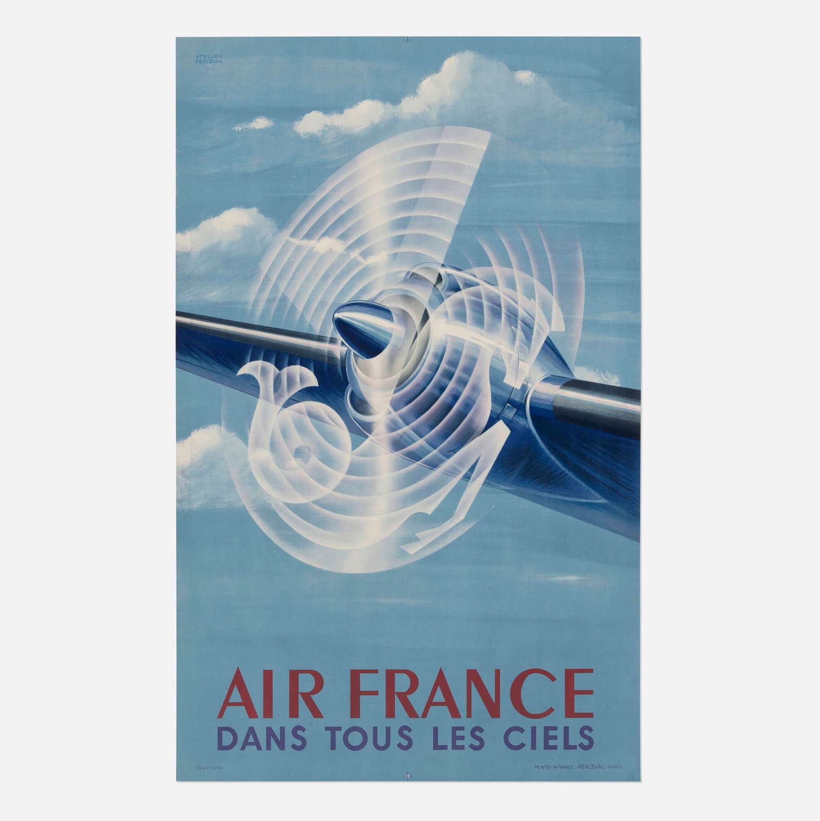 Perceval Studios, Air France / Dans Tous les Ciels vintage poster: Perceval Studios Air France / Dans Tous les Ciels vintage poster 1948 39.125 h x 24.75 w in (99 x 63 cm) The unnamed Perceval Studios artist cleverly includes the famed winged sea horse filigree dir