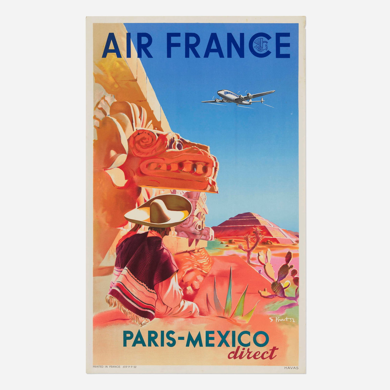 Serge Proust, Air France / Paris-Mexico Direct vintage poster: Serge Proust Air France / Paris-Mexico Direct vintage poster 1952 39.25 h x 24.375 w in (100 x 62 cm) A man in traditional serape and sombrero contemplates the fearsome feathered serpent carvings of
