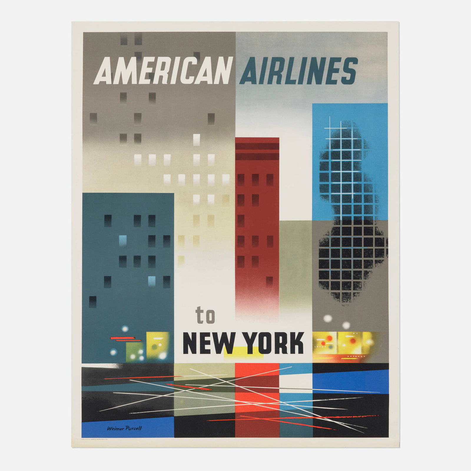 Weimer Pursell, American Airlines / To New York vintage poster: Weimer Pursell American Airlines / To New York vintage poster 1956 39.625 h x 30.375 w in (101 x 77 cm) Rather than depicting an airplane within view, Purcell has us imagine that we are soaring arou