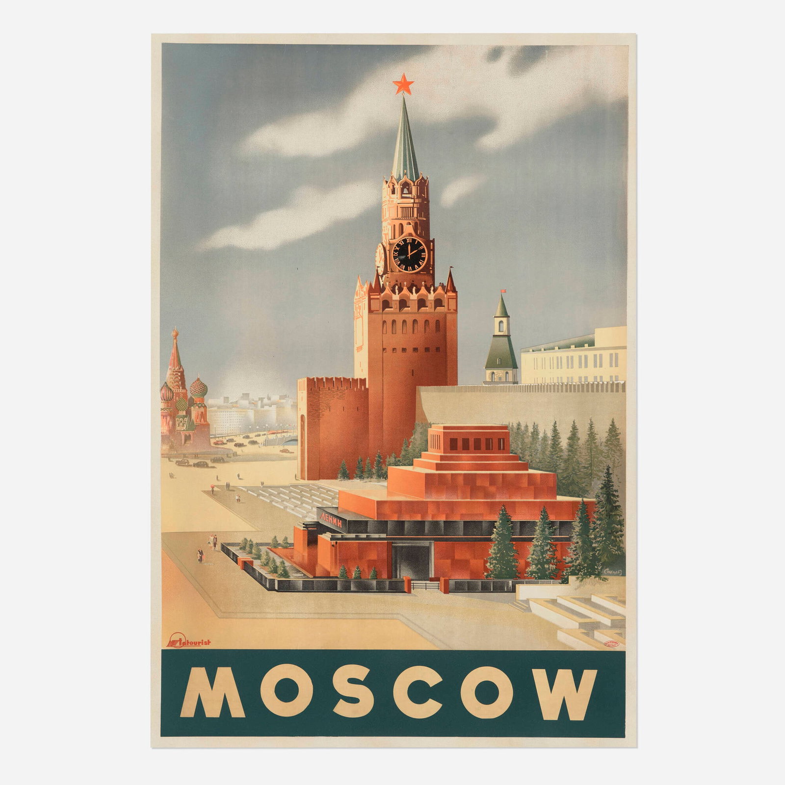 Sergei Sakharov, Intourist / Moscow vintage poster: Sergei Sakharov Intourist / Moscow vintage poster c. 1935 39.625 h x 27.5 w in (101 x 70 cm) This poster presents a dramatic view of the Kremlin's Spasskaya Tower crowned with a red star, alongside