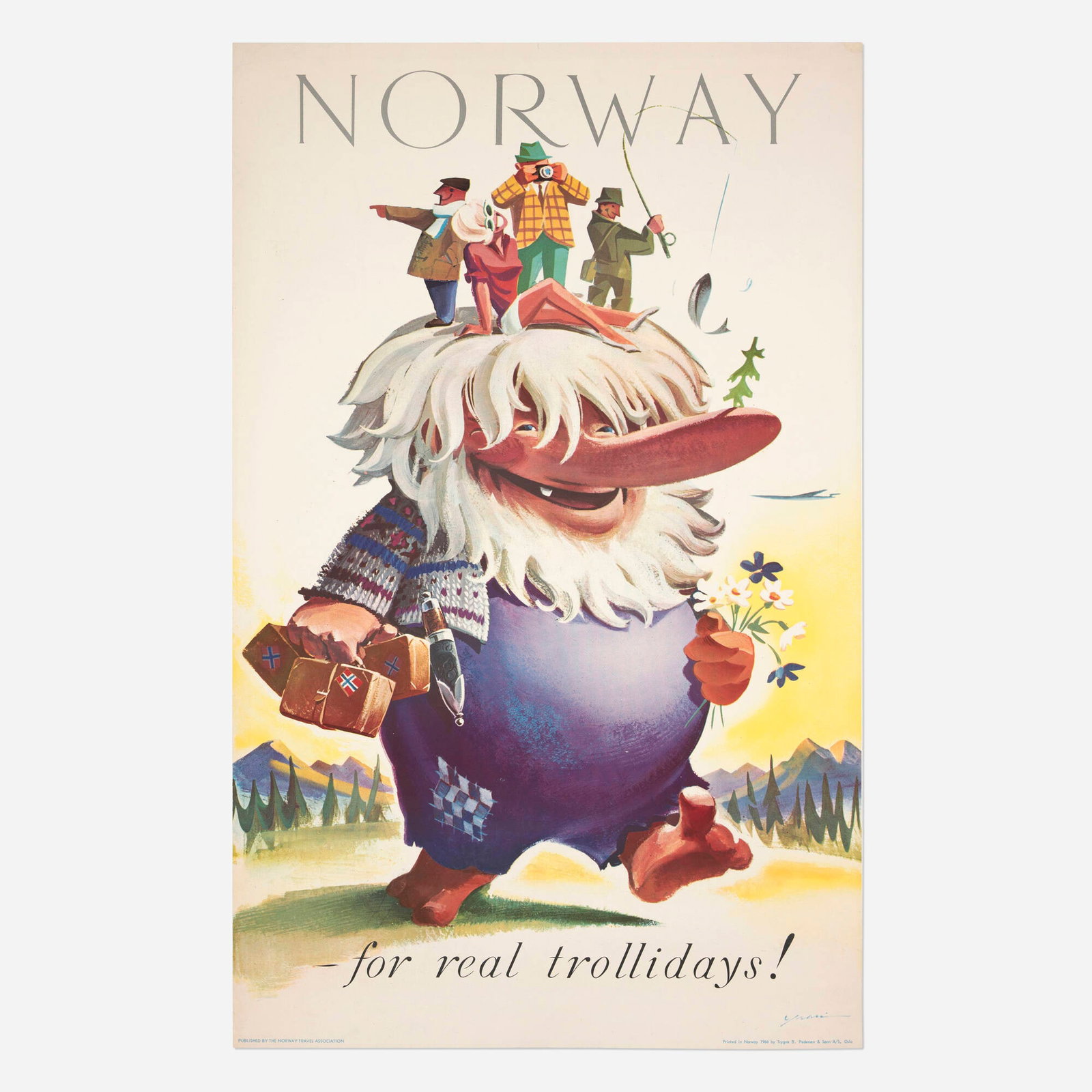 Knut Yran, Norway / For Real Trollidays vintage poster: Knut Yran Norway / For Real Trollidays vintage poster 1966 offset lithograph in colors 39.125 h x 24.5 w in (99 x 62 cm) A gentle giant of a troll lumbers through the Norwegian wilderness, a me
