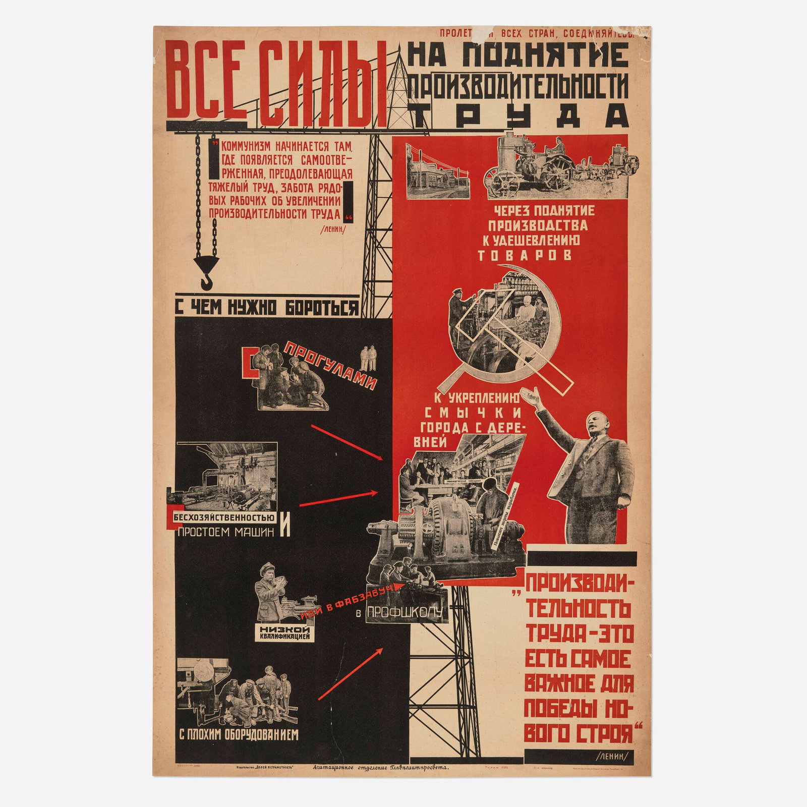 All Forces to Increase Labor and Productivity vintage poster: All Forces to Increase Labor and Productivity vintage poster c. 1930 41 h x 27 w in (104 x 69 cm) Produced around 1930 in a Constructivist style of angular forms, dramatic typography, and industrial i