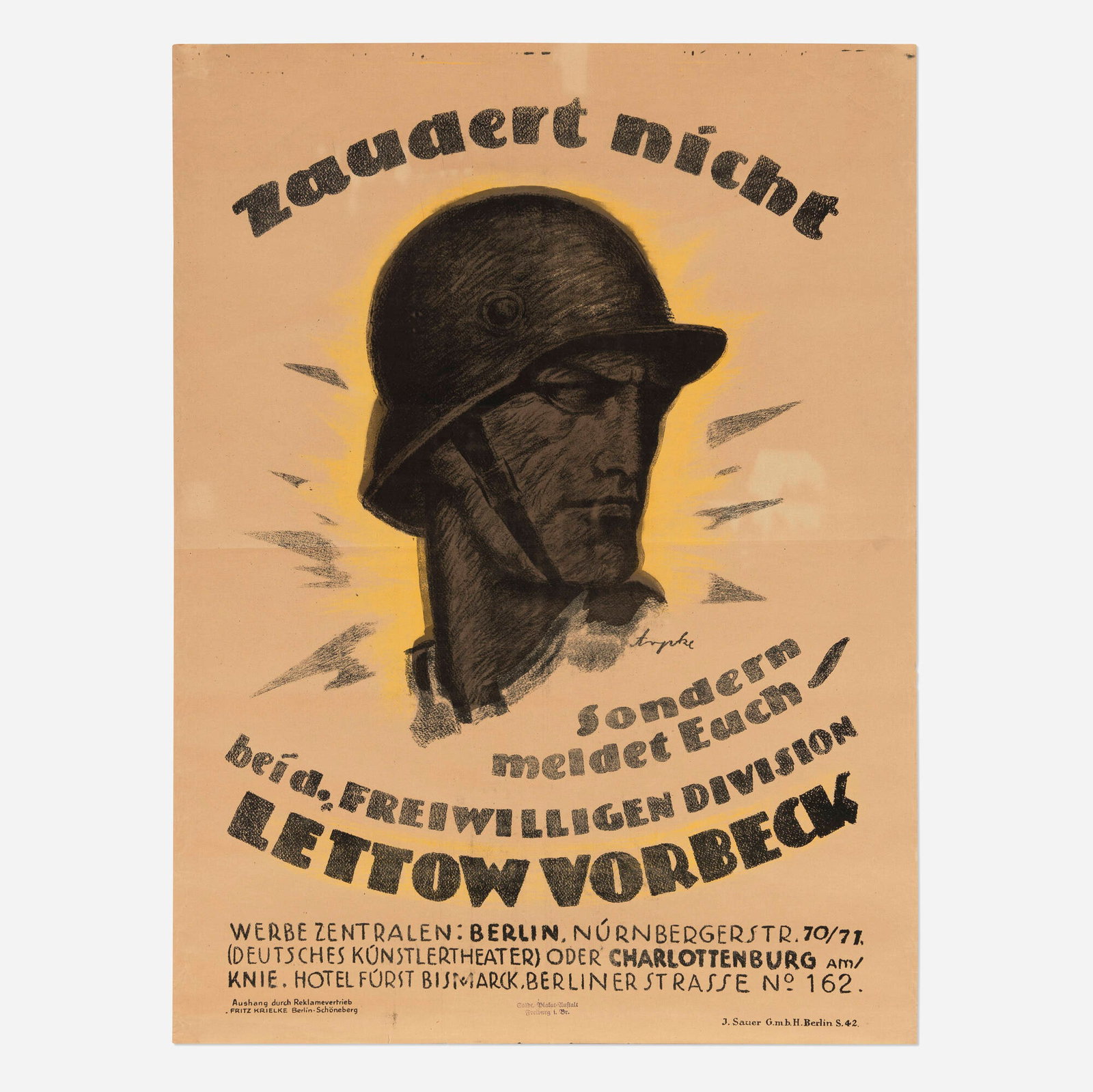 Otto Arpke, Zaudert nicht, sondern meldet Euch / World War I vintage poster: Otto Arpke Zaudert nicht, sondern meldet Euch / World War I vintage poster 1919 37.25 h x 27.75 w in (95 x 70 cm) Designed by Otto Arpke, German artist well-known for his Art Deco graphics, this rec