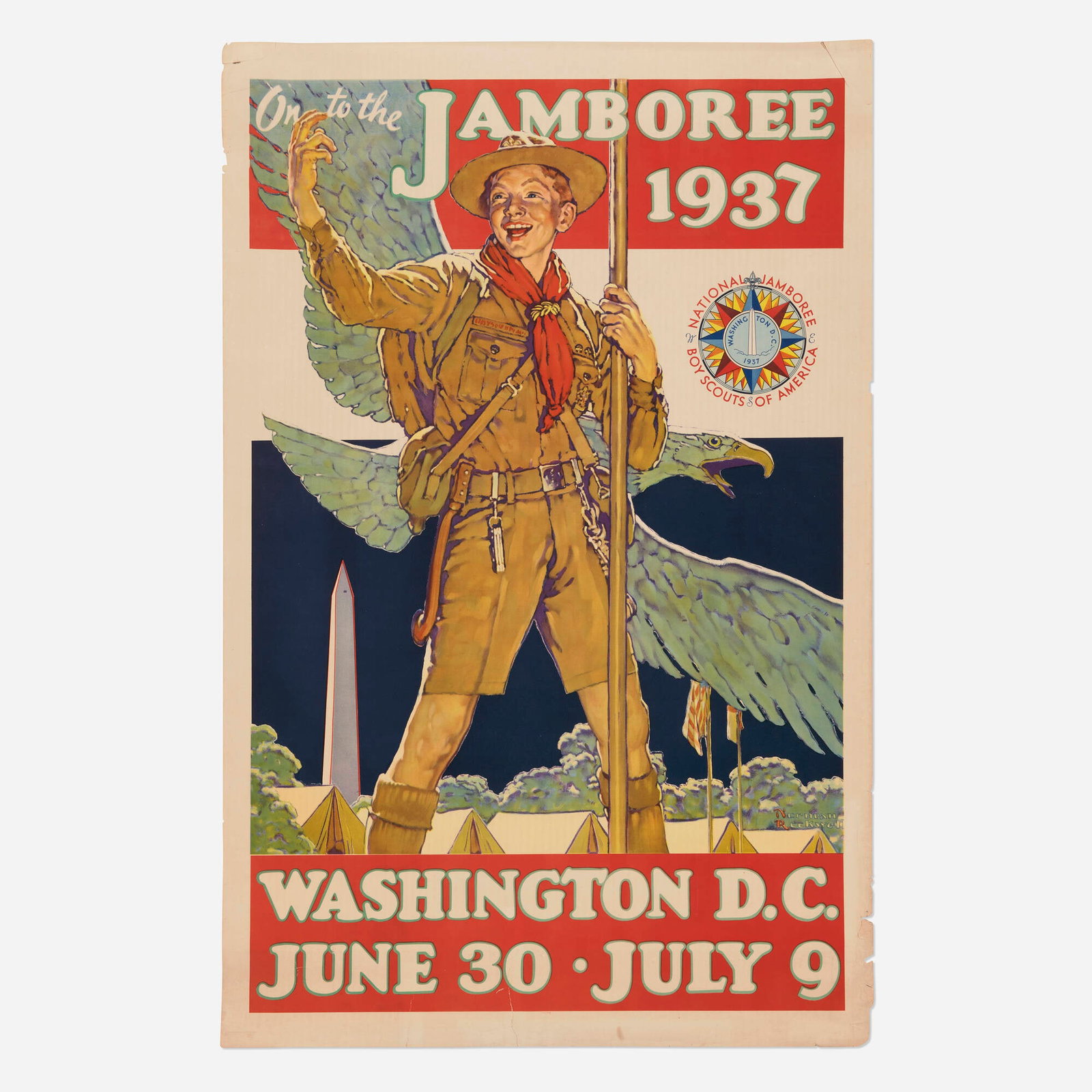 Norman Rockwell, Boy Scouts Jamboree (Rare vintage poster): Norman Rockwell Boy Scouts Jamboree (Rare vintage poster) 1937 42 h x 27.5 w in (107 x 70 cm) Set against the backdrop of the Washington Monument and a bald eagle, this inviting design promotes the