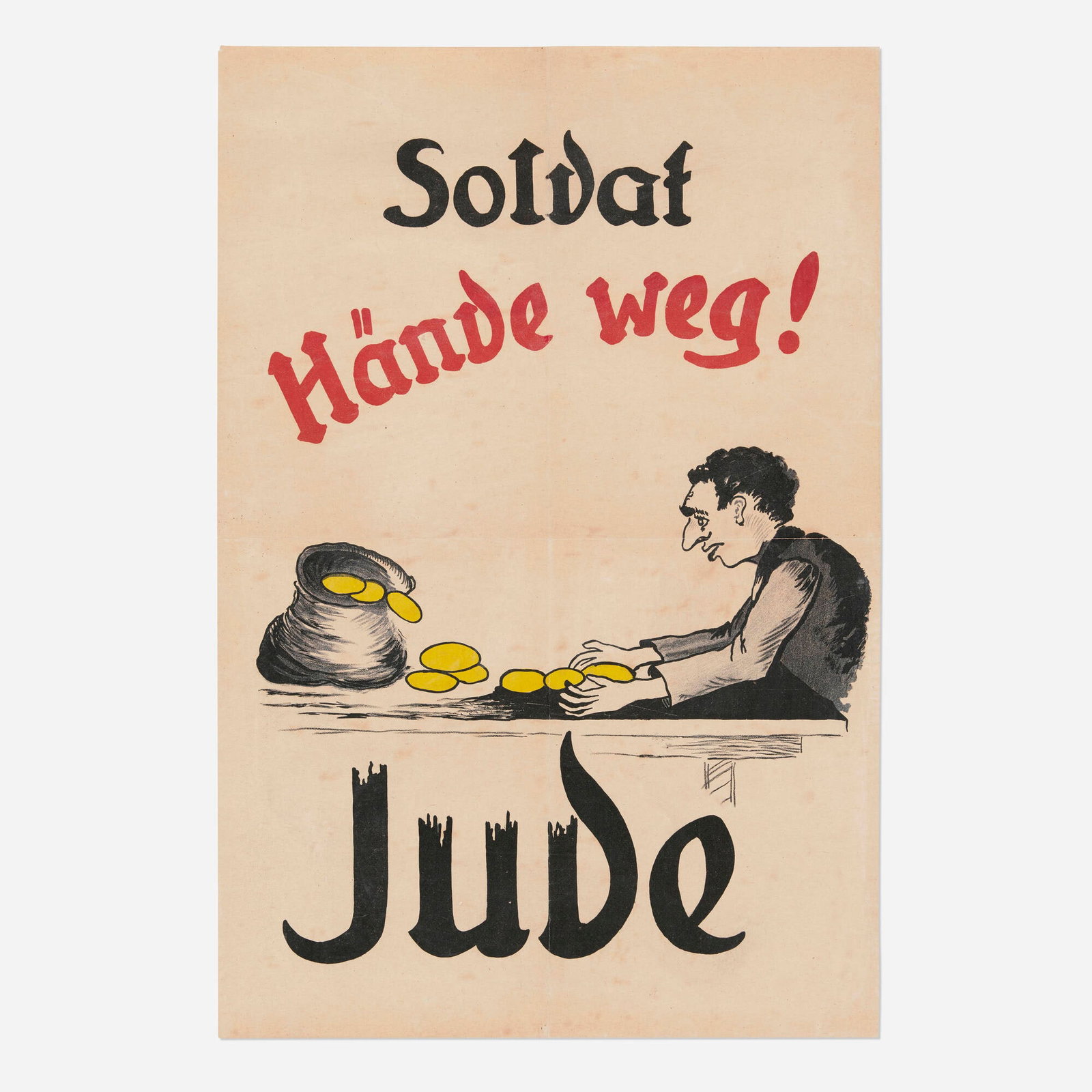 Soldat, Hande weg! vintage poster: Soldat, Hande weg! vintage poster c. 1941 21.375 h x 14.25 w in (54 x 36 cm) Designed to incite hatred and reinforce Nazi racial ideology, this 1940s era poster utilizes a dehumanizing caricature of a