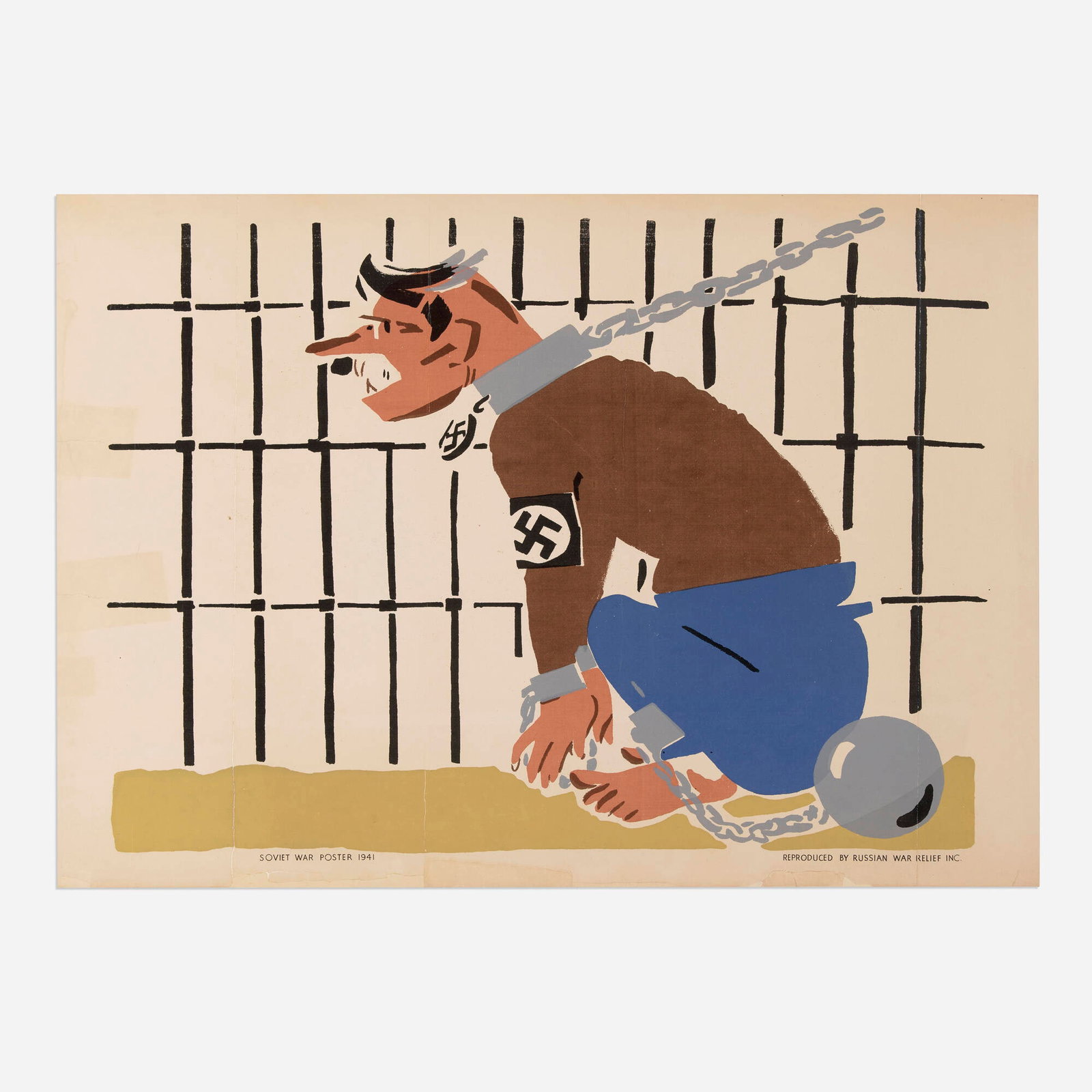 After Sergei Kostin, TASS / Chain Him! vintage poster: After Sergei Kostin TASS / Chain Him! vintage poster 1941 screenprint in colors 20 h x 28.25 w in (51 x 72 cm) This poster depicts a disturbing, satirical human-dog hybrid creature resembling Adolf