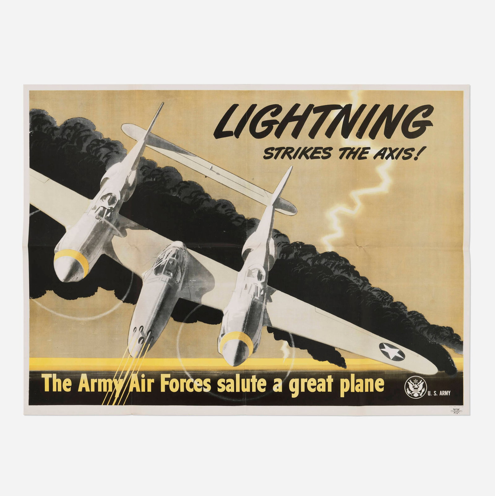 U.S. Army / Lightning Strikes the Axis! vintage poster: U.S. Army / Lightning Strikes the Axis! vintage poster 1943 28.875 h x 39 w in (73 x 99 cm) This poster celebrates the formidable Lockheed P-38 Lightning, a twin-engine fighter aircraft renowned for i