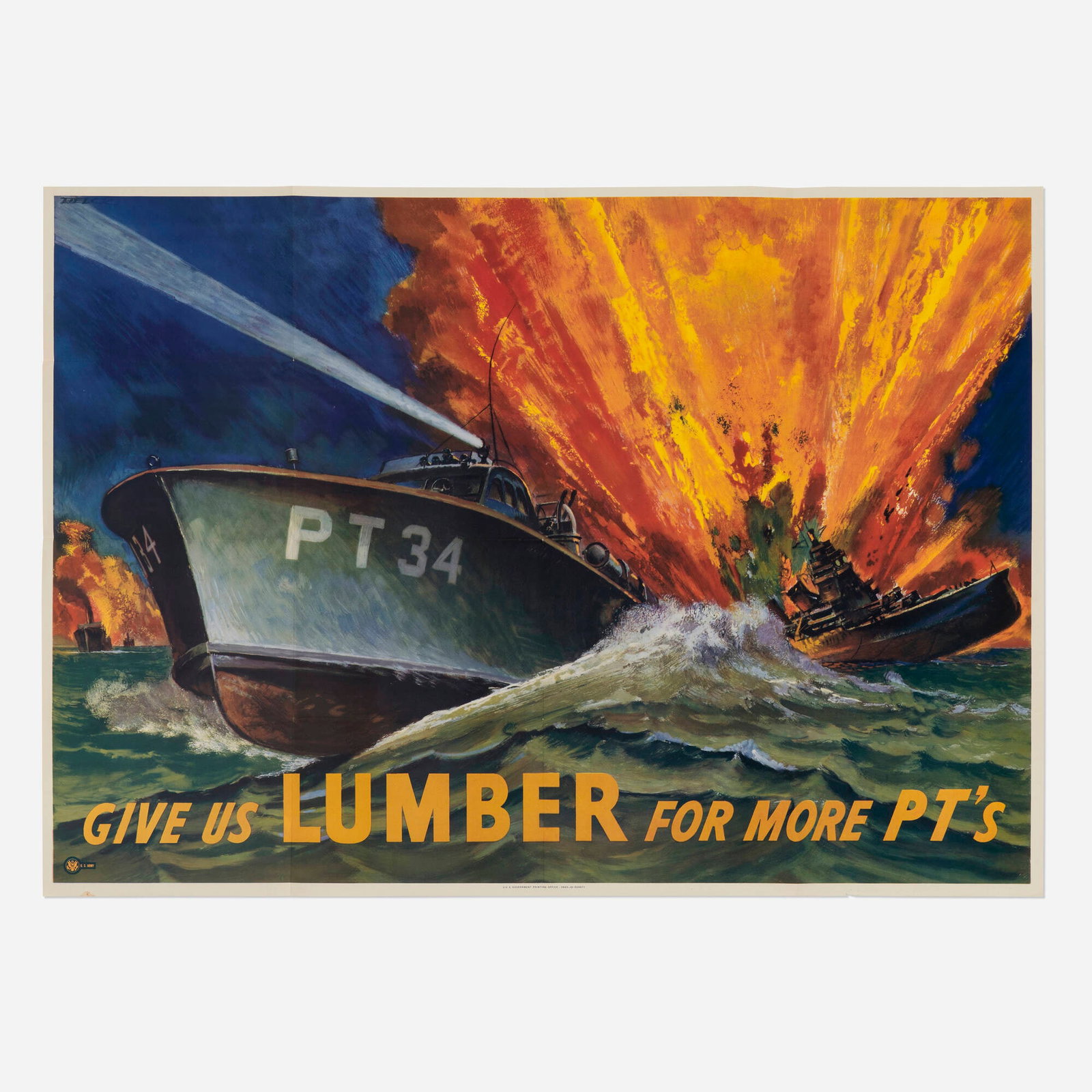 Peter Helck, U.S. Army / Give Us Lumber for More PT's vintage poster: Peter Helck U.S. Army / Give Us Lumber for More PT's vintage poster 1943 offset lithograph in colors 28.375 h x 40 w in (72 x 102 cm) Created during World War II to encourage morale and industr