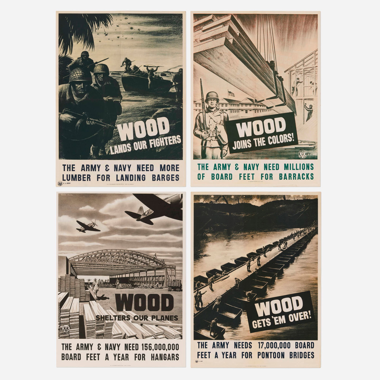 U.S. Army / Wood / Lumber / Construction : Four vintage posters: U.S. Army / Wood / Lumber / Construction : Four vintage posters 1943 23 h x 17 w in (58 x 43 cm) During World War II, the U.S. Army issued posters urging civilians to contribute lumber for urgent wart