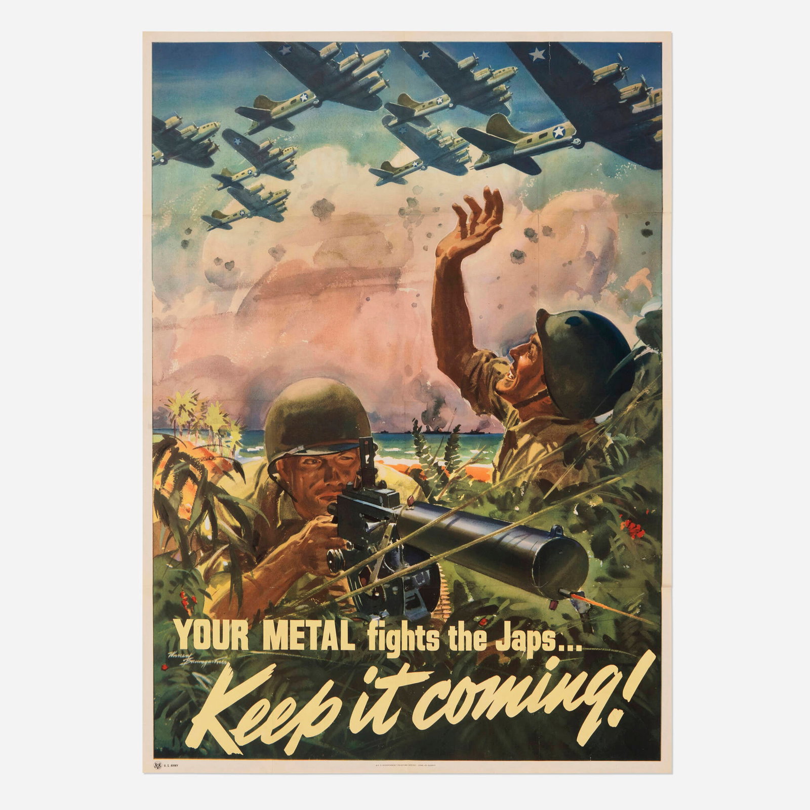 Warren Baumgartner, U.S. Army / Keep It Coming! vintage poster: Warren Baumgartner U.S. Army / Keep It Coming! vintage poster 1943 offset lithograph in colors 40 h x 28.5 w in (102 x 72 cm) Created at the height of WWII recruitment, this poster by German im