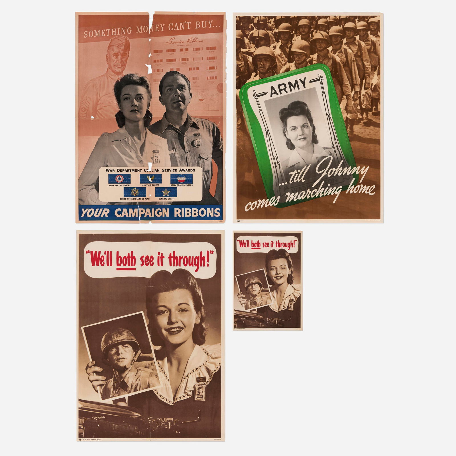 U.S. Army / Women : Four vintage posters: U.S. Army / Women : Four vintage posters 1943-44 largest: 30 h x 21.5 w in (76 x 55 cm) smallest: 14.125 h x 10 w in (36 x 25 cm) During World War II, U.S. Army poster campaigns, especially for the Wo