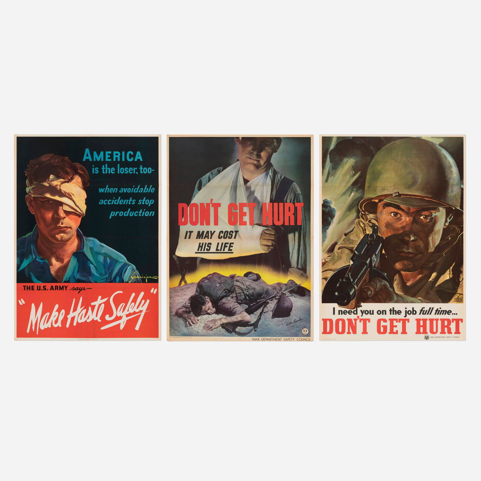 U.S. Army / Personal Safety : Three vintage posters: U.S. Army / Personal Safety : Three vintage posters 1942-43 offset lithograph in colors 40 h x 28.5 w in (102 x 72 cm) During World War II, the U.S. Army produced a wide range of personal safety and a