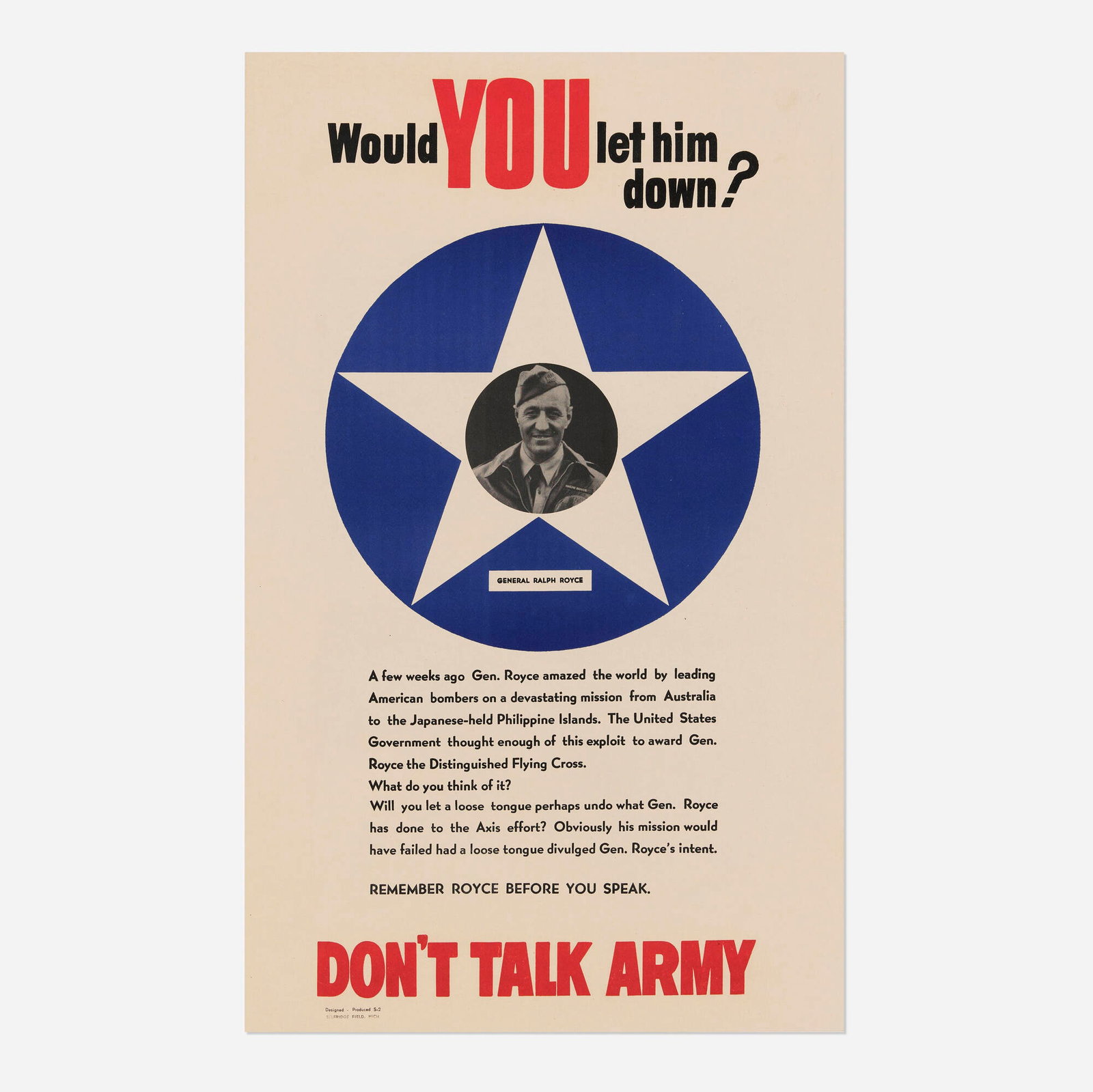 Would YOU Let Him Down? / Don't Talk Army / General Ralph Royce vintage poster (1 of 2)