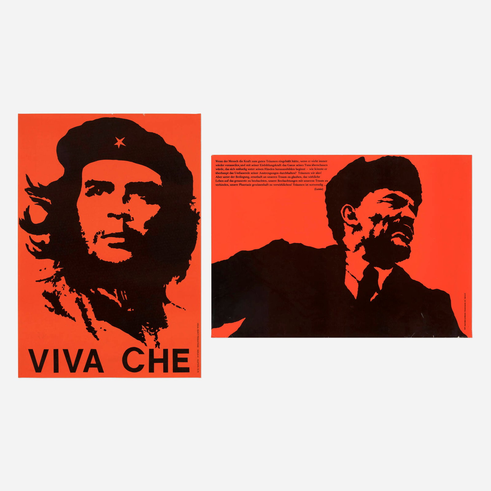 Gert Wiescher, Viva Che (Che Guevara) ; Vladimir Lenin: Two vintage posters: Gert Wiescher Viva Che (Che Guevara) ; Vladimir Lenin: Two vintage posters c. 1968 33.75 h x 23.5 w in (86 x 60 cm) 23.5 h x 33.375 w in (60 x 85 cm) These 1968 adaptations by Gert Wiescher trade