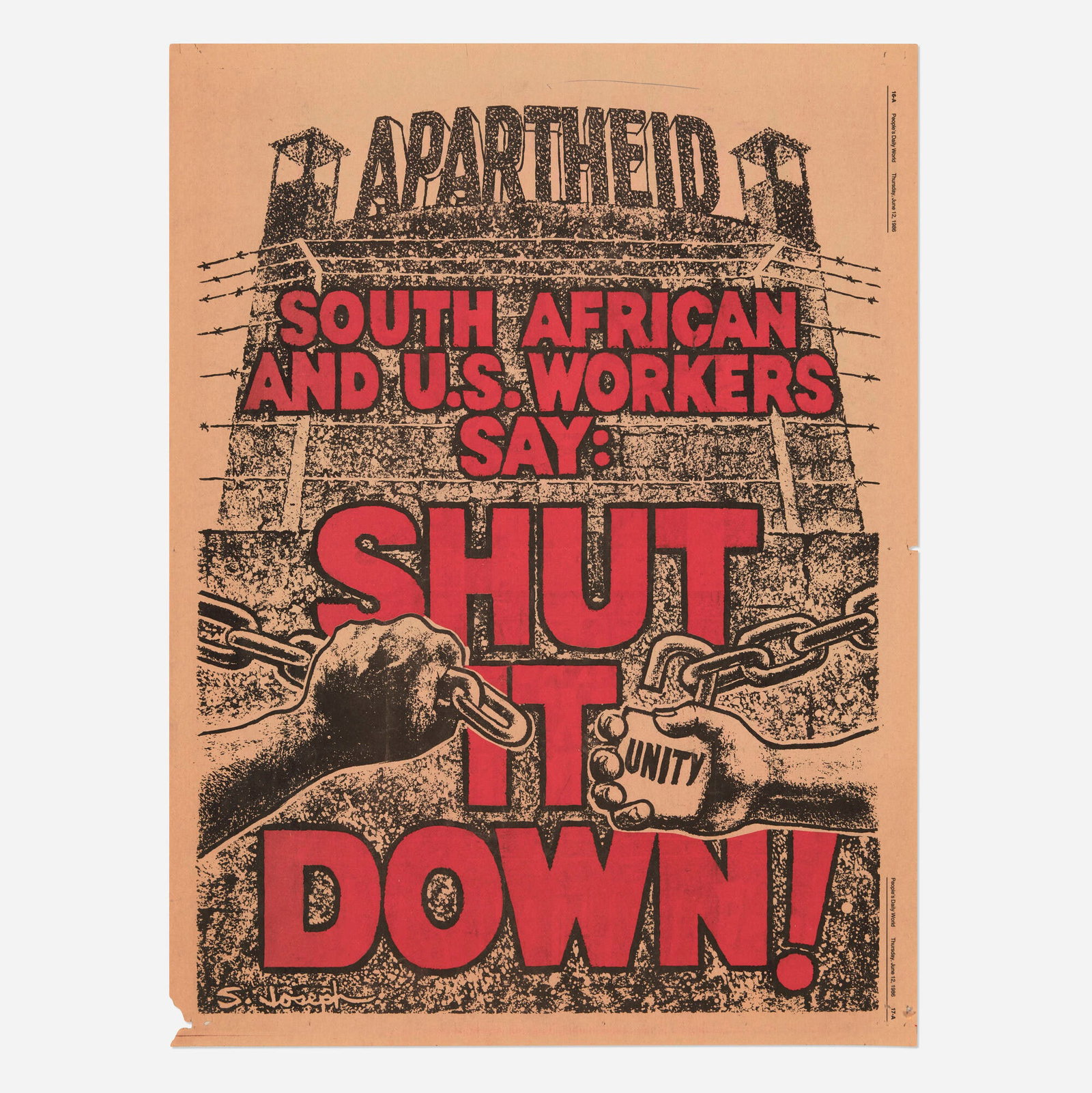 Apartheid / South African and U.S. Workers Say: Shut It Down! (vintage poster, People's Daily World) (1 of 2)