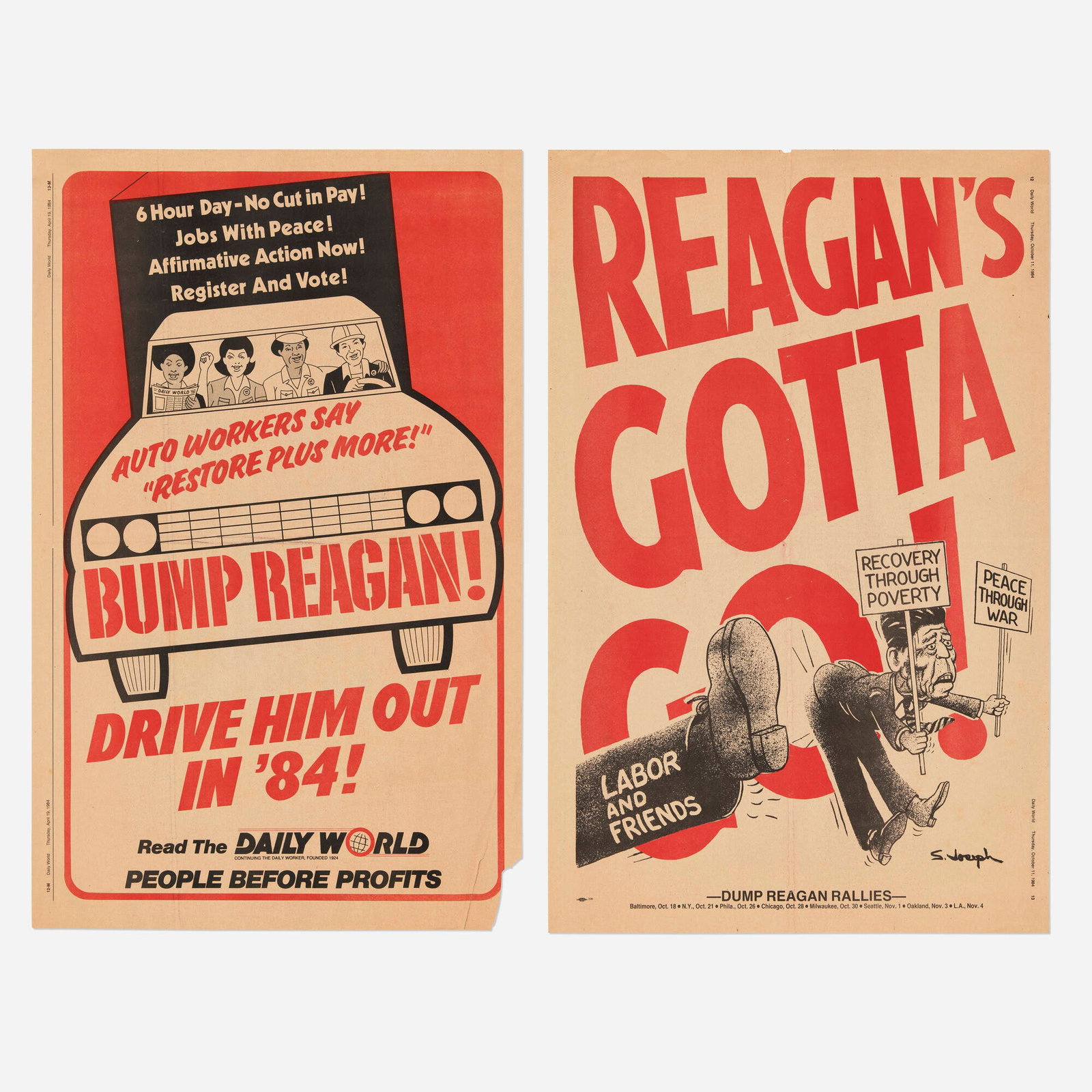 Bump Reagan; Reagan's Gotta Go! (two vintage newsprint posters from The Daily World) (1 of 1)