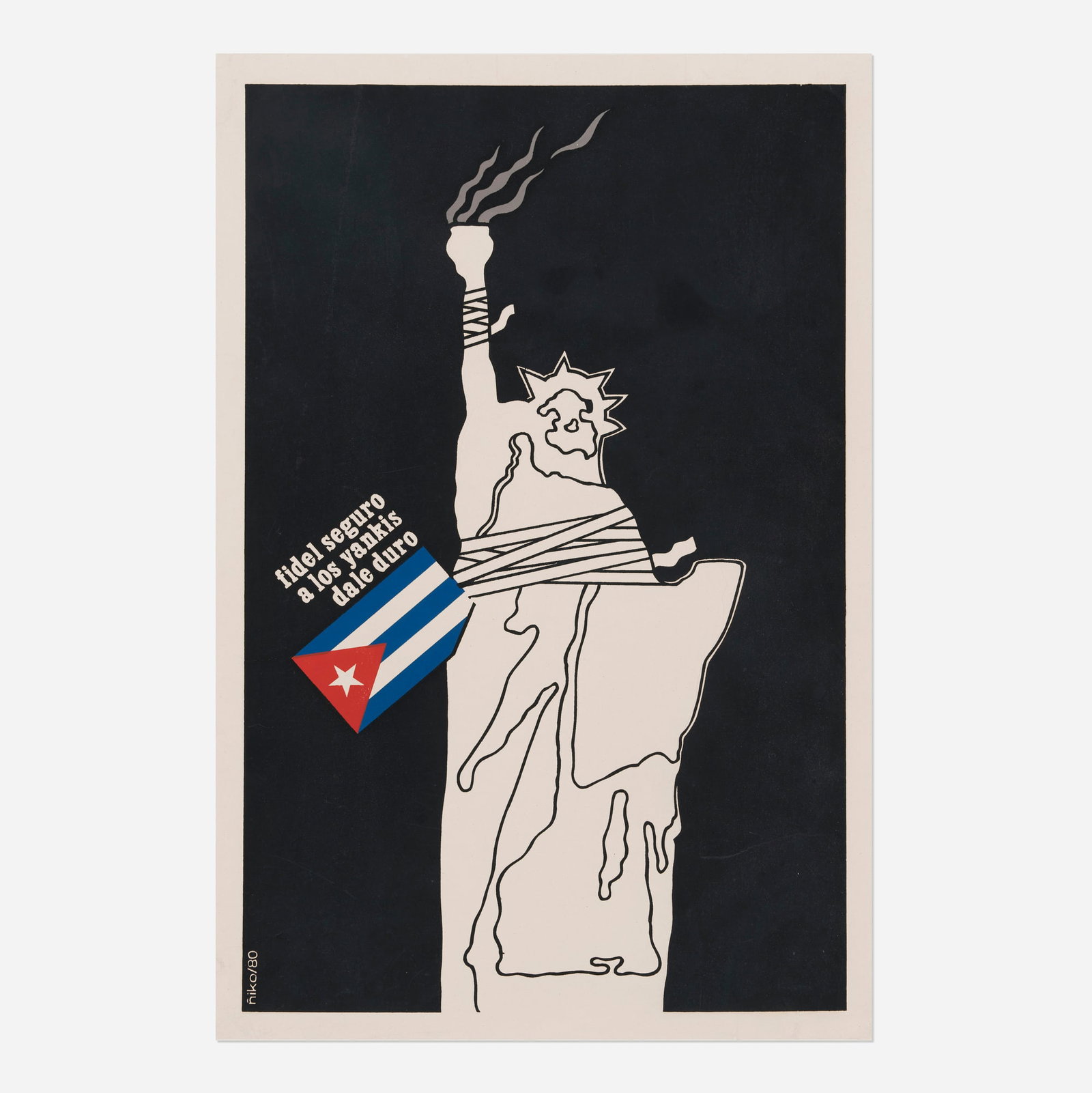 Niko (Antonio Perez Gonzalez), Fidel Seguro a Los Yankis Dale Duro vintage poster: Niko (Antonio Perez Gonzalez) Fidel Seguro a Los Yankis Dale Duro vintage poster 1980 29.75 h x 20 w in (76 x 51 cm) This charged political poster reflects the anti-imperialist rhetoric that defined