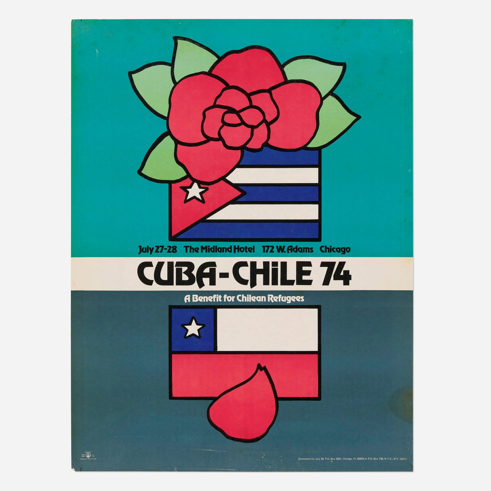 Cuba-Chile '74: A Benefit for Chilean Refugees (Chicago) vintage poster: Cuba-Chile '74: A Benefit for Chilean Refugees (Chicago) vintage poster 1974 22.375 h x 17 w in (57 x 43 cm) Cuba-Chile '74: A Benefit for Chilean Refugees was held July 27-28, 1974 at the Midland