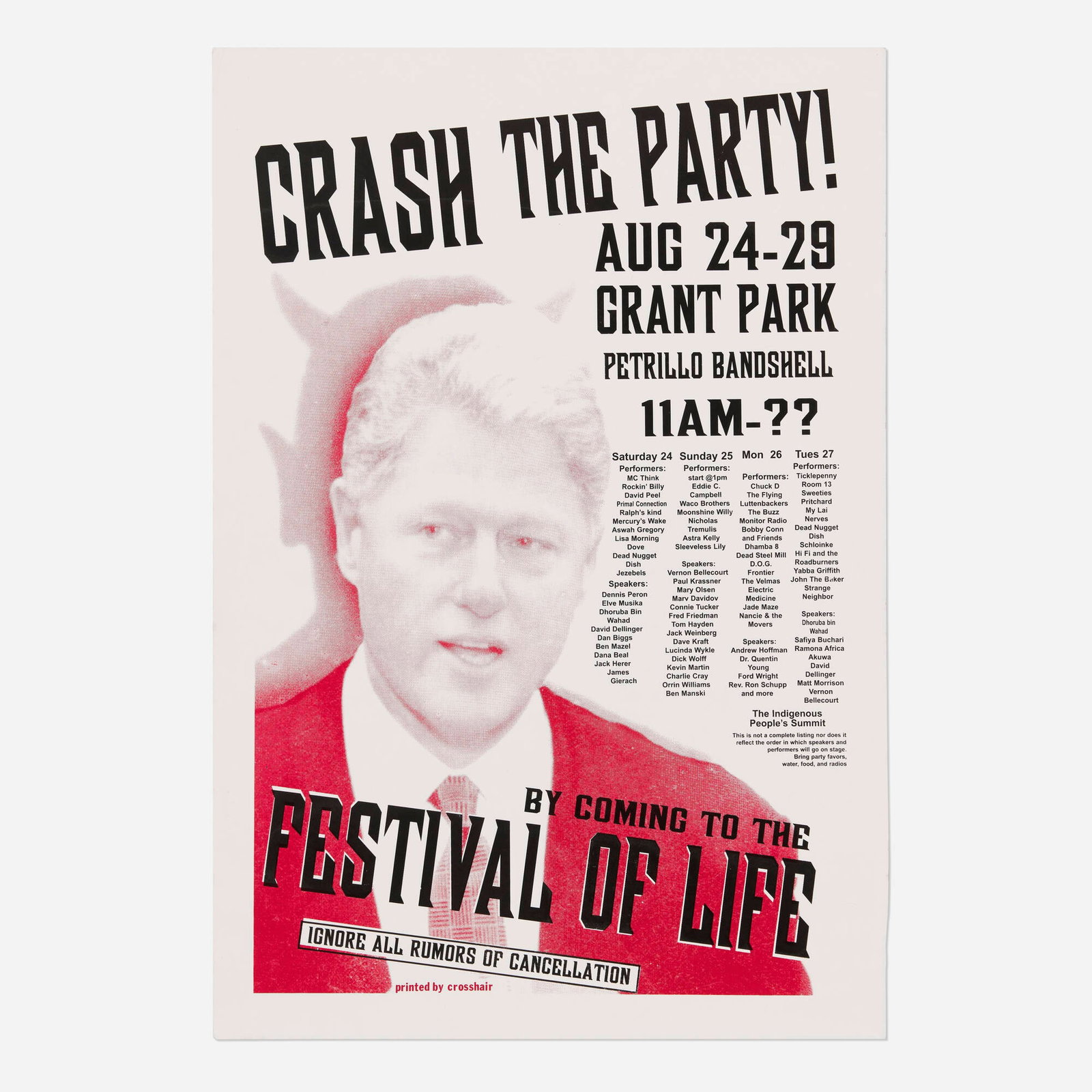 Festival of Life (Chicago) / Bill Clinton vintage poster: Festival of Life (Chicago) / Bill Clinton vintage poster 1997 screenprint in colors 23 h x 15.75 w in (58 x 40 cm) Organized as a counter-protest during the 1997 Democratic National Convention in