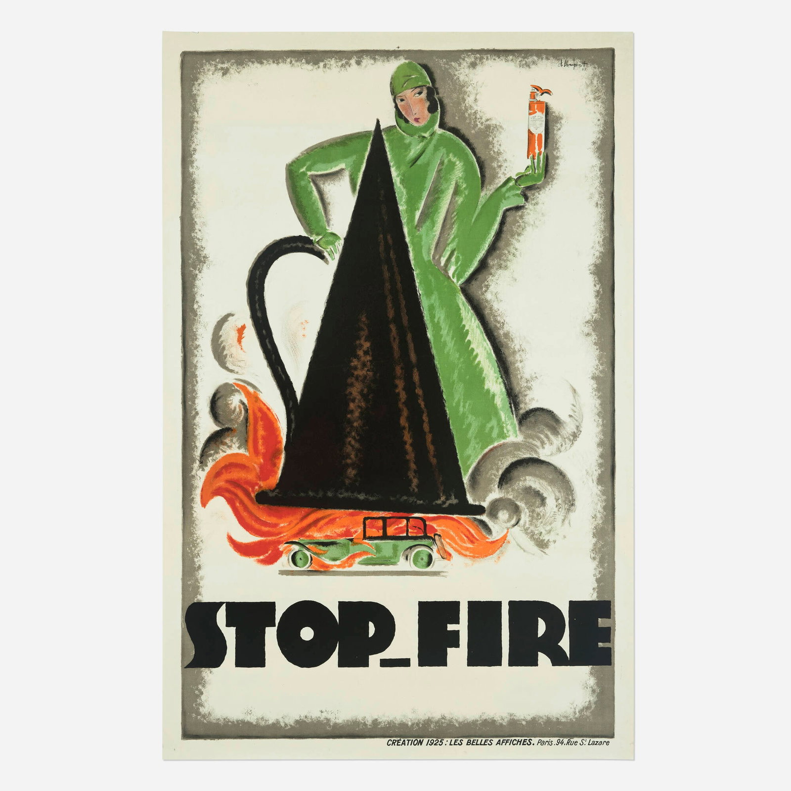 Charles Loupot, Stop-Fire vintage poster: Charles Loupot Stop-Fire vintage poster 1925 77.5 h x 50.25 w in (197 x 128 cm) One of Loupot's classics in high Art Deco mode, Stop-Fire makes a big deal out of a little extinguisher