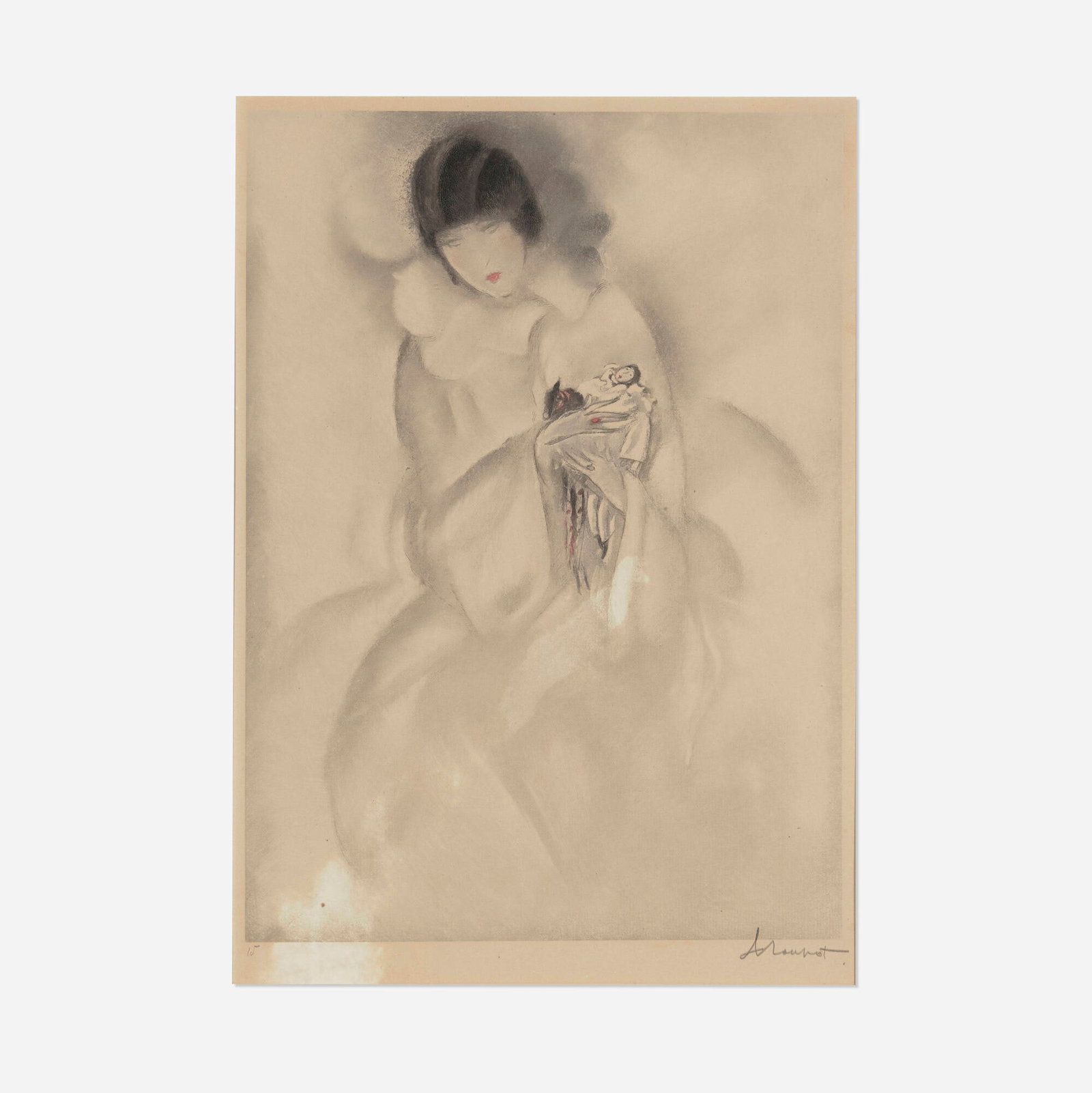 Charles Loupot, Untitled (Woman Holding a Pierrot): Charles Loupot Untitled (Woman Holding a Pierrot) c. 1923 heliogravure in colors image: 14.75 h x 10.625 w in (37 x 27 cm) sight: 15.875 h x 11.125 w in (40 x 28 cm) This heliogravure dates