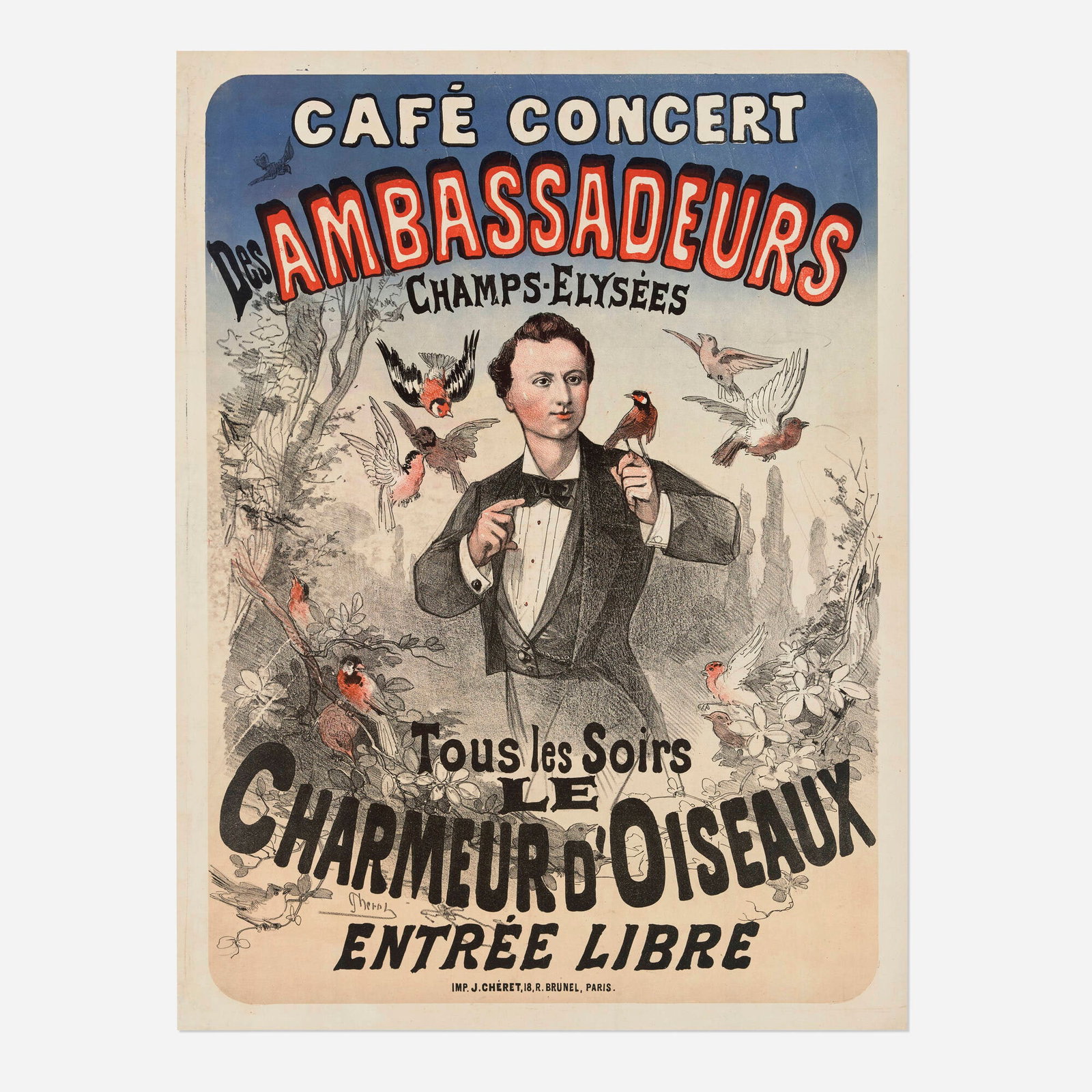 Jules Cheret, Cafe Concert des Ambassadeurs / Le Charmeur d'Oiseaux vintage poster: Jules Cheret Cafe Concert des Ambassadeurs / Le Charmeur d'Oiseaux vintage poster 1876 30.625 h x 22.875 w in (78 x 58 cm) The Ambassadeurs cafe-concert on the Champs-Elysees was so named for its pr