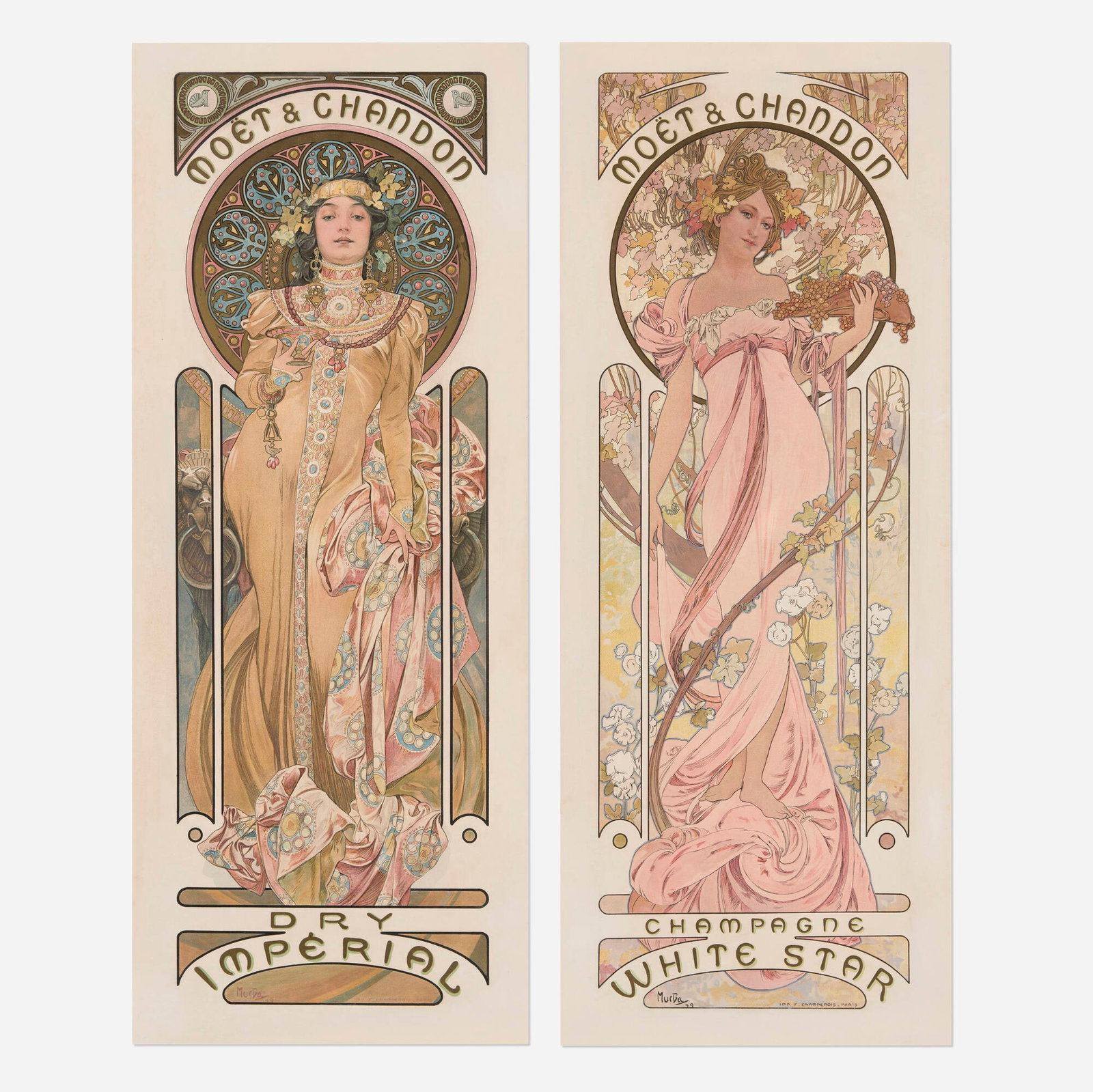 Alphonse Mucha, Moet & Chandon : Two vintage posters: Alphonse Mucha Moet & Chandon : Two vintage posters 1899 24.75 h x 9.75 w in (63 x 25 cm) The house of Moet & Chandon was founded in 1743 by a wine merchant, Claude Moet, who acquired the fa