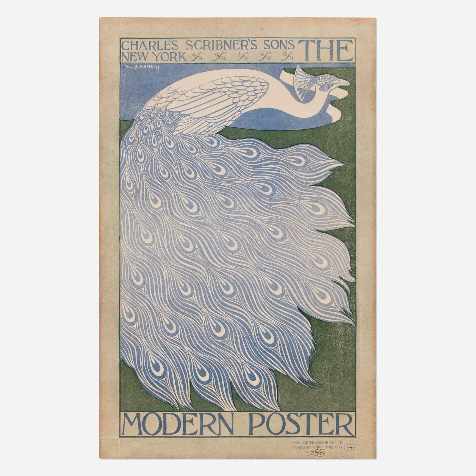 William Henry Bradley, The Modern Poster vintage poster: William Henry Bradley The Modern Poster vintage poster 1895 19.875 h x 12.5 w in (50 x 32 cm) Bradley chooses a sumptuously plumed peacock as his promotional envoy, this time placidly resting near a