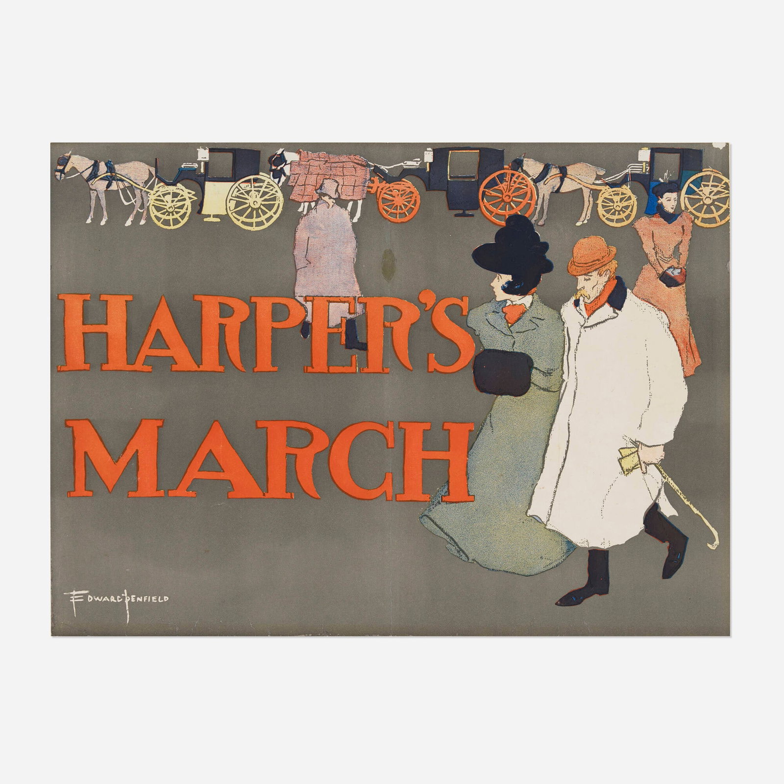 Edward Penfield, Harper's / March vintage poster: Edward Penfield Harper's / March vintage poster 1897 14 h x 19 w in (36 x 48 cm) Reminiscent of Bonnard's 1895 screen "Promenade," this simple yet stylish couple quietly passes a row of horse-drawn