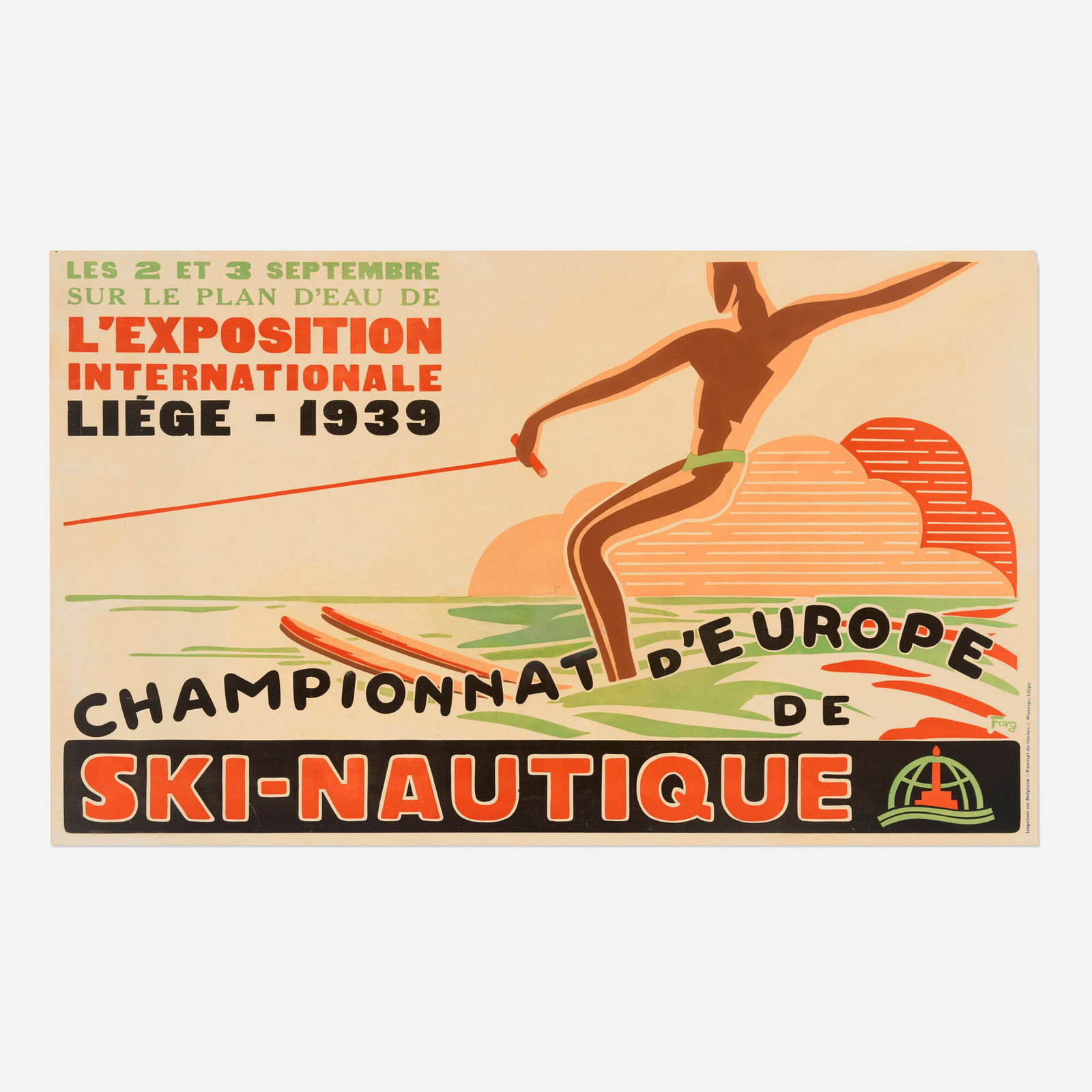 Forg, Ski-Nautique vintage poster: Forg Ski-Nautique vintage poster 1939 23.75 h x 39.375 w in (60 x 100 cm) This Waterskiing Championship of Europe was to have been part of the Exposition Internationale de la Technique de l'Eau