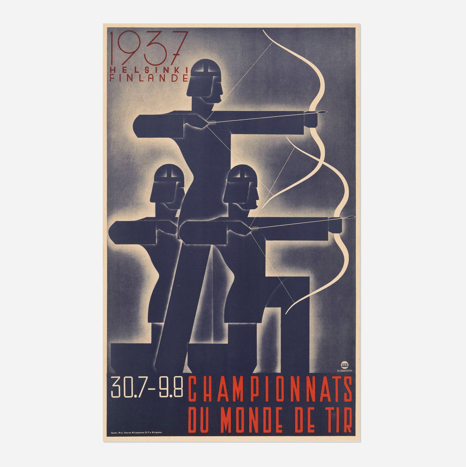 H. Czarnecki, Championnats du Monde de Tir / 1937 Helsinki Finlande vintage poster: H. Czarnecki Championnats du Monde de Tir / 1937 Helsinki Finlande vintage poster 1937 22.125 h x 13.625 w in (56 x 35 cm) Old World meets New World Order in this Czarnecki promotion for this Helsin