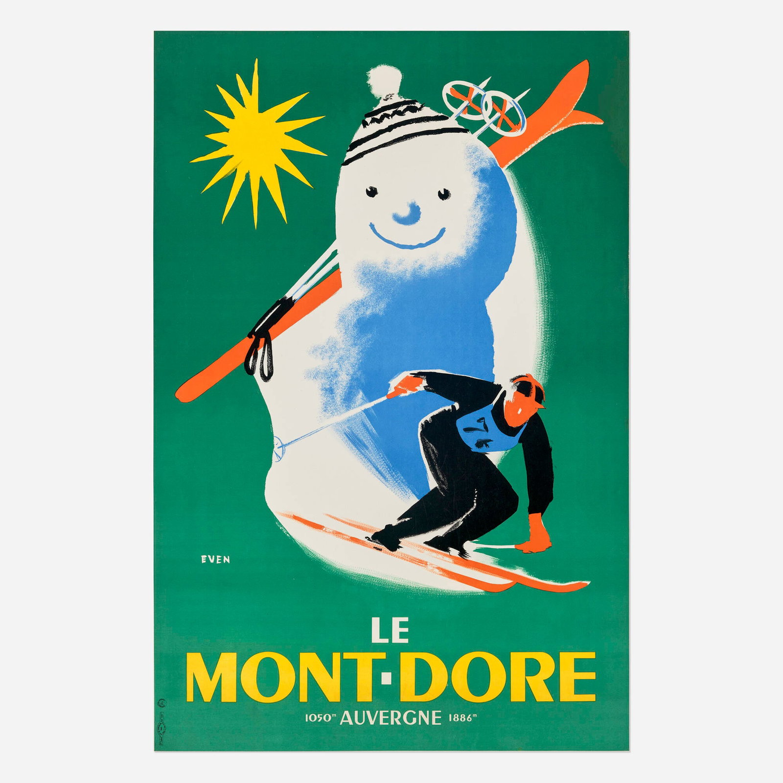 Jean Even, Le Mont-Dore vintage poster: Jean Even Le Mont-Dore vintage poster c. 1950 39 h x 25.75 w in (99 x 65 cm) With its radiant yellow sun, cheerful giant snowman clad in ski gear, and dynamic skier gliding across a vivid green land