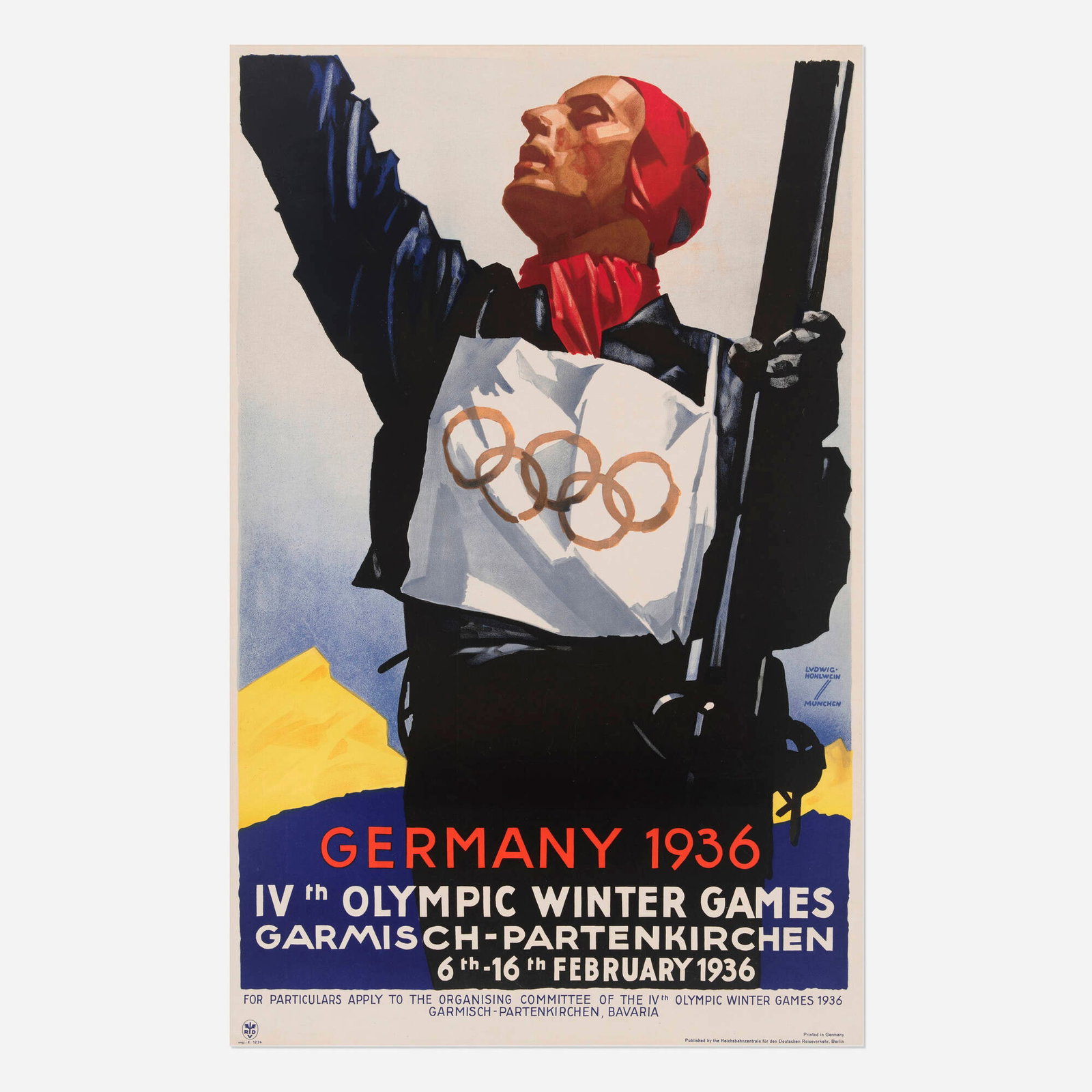 Ludwig Hohlwein, Germany 1936 / IVth Olympic Winter Games vintage poster: Ludwig Hohlwein Germany 1936 / IVth Olympic Winter Games vintage poster 1936 39.375 h x 25.125 w in (100 x 64 cm) This poster for the 1936 Winter Games, held at Garmisch-Partenkirchen, was designed