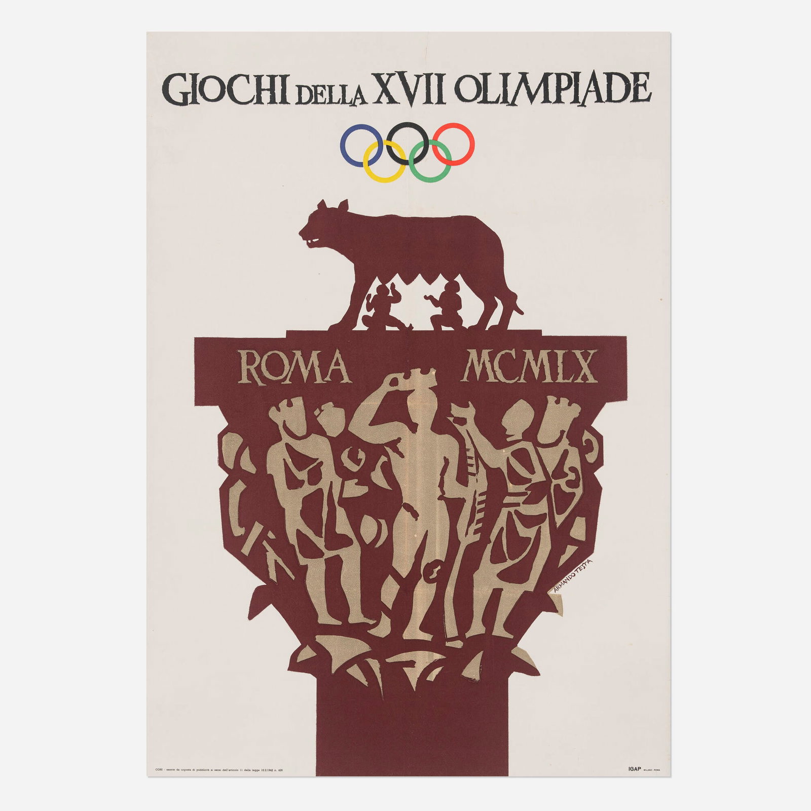 Armando Testa, Giochi della XVII Olympiade / Roma MCMLX vintage poster: Armando Testa Giochi della XVII Olympiade / Roma MCMLX vintage poster 1958 39 h x 27.625 w in (99 x 70 cm) The official (and only) poster for the 1960 Olympics held in Rome was chosen from 212 desig