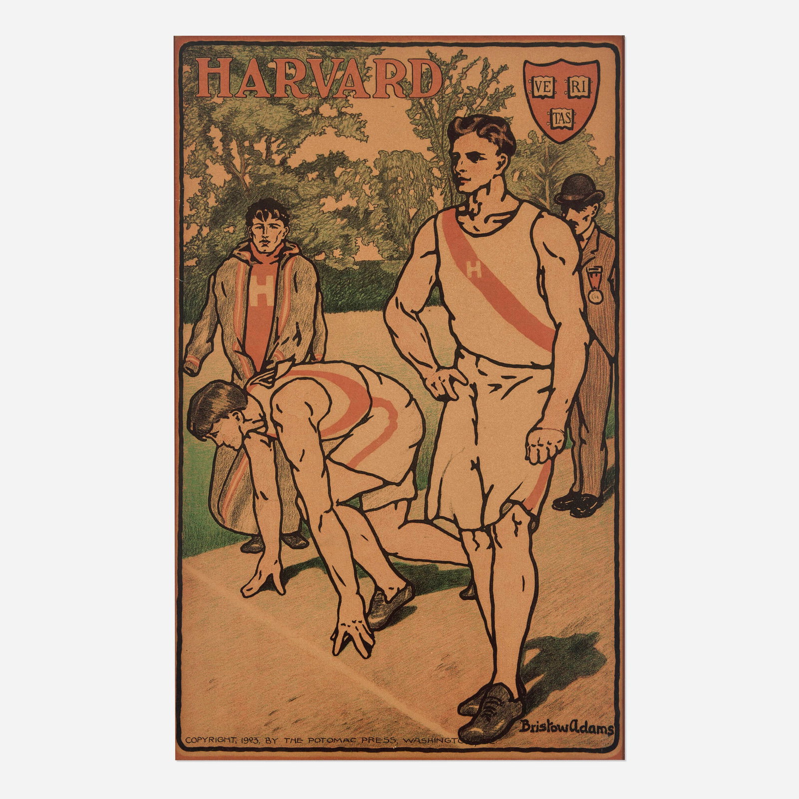 Bristow Adams, Harvard Track vintage poster: Bristow Adams Harvard Track vintage poster 1903 sight: 20.875 h x 13.125 w in (53 x 33 cm) A well-known American illustrator, Adams created numerous athletic designs throughout his career, focusing