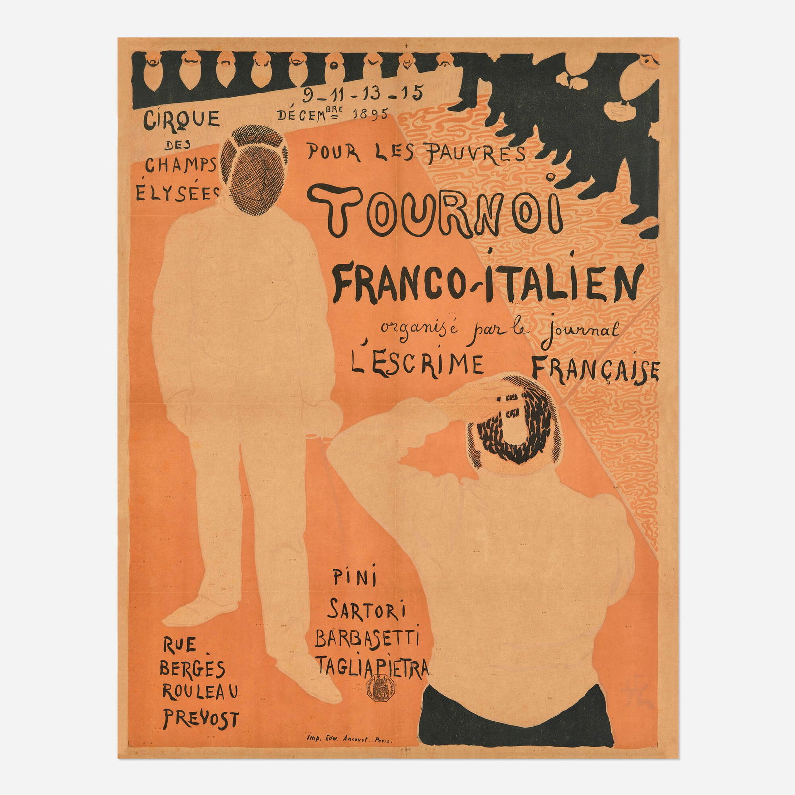 Rene Hermann-Paul, Tournoi Franco-Italien (Rare vintage poster): Rene Hermann-Paul Tournoi Franco-Italien (Rare vintage poster) 1895 sight: 31 h x 24.125 w in (79 x 61 cm) "This is one of only two known posters by Paul. It was designed to announce a fencing tourn