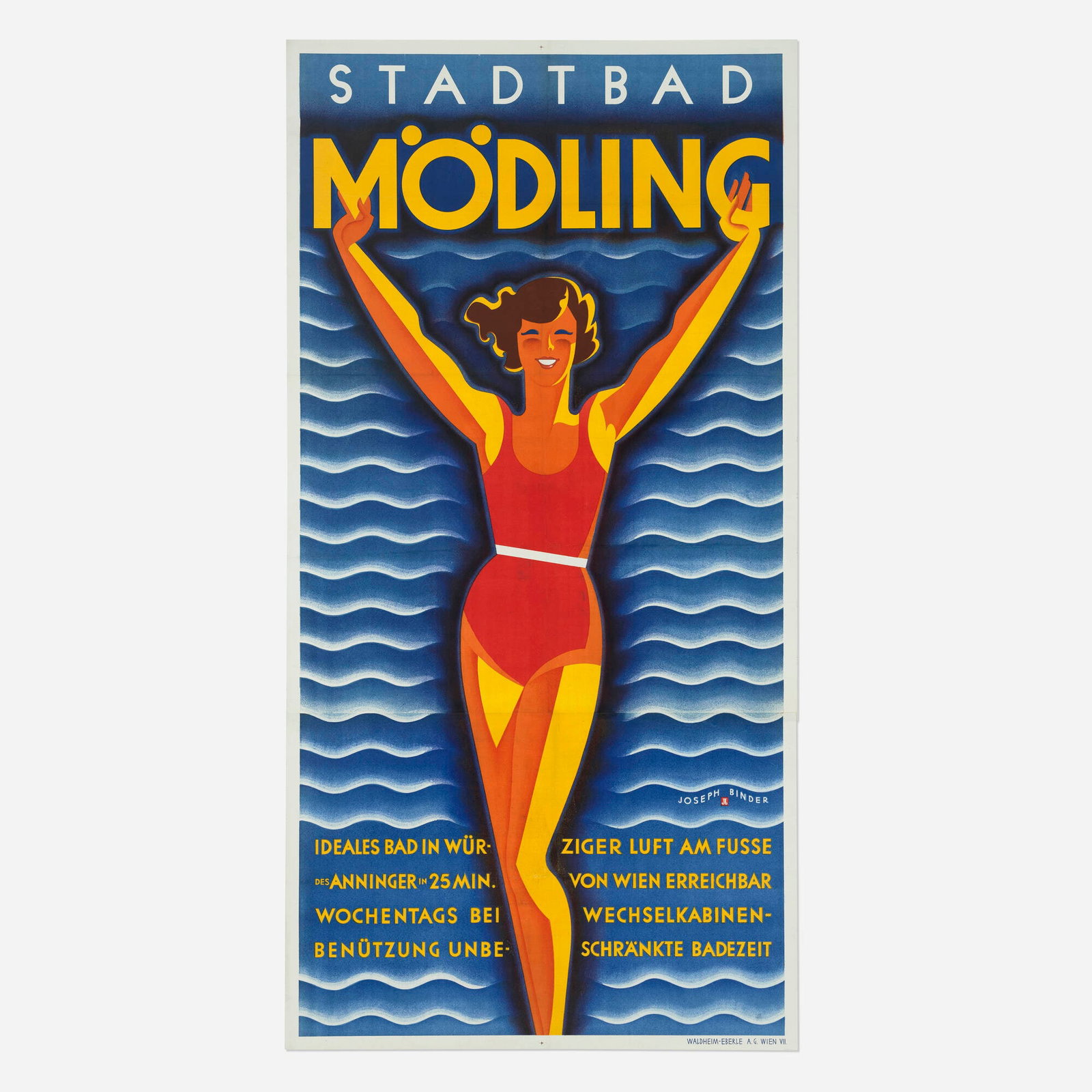 Joseph Binder, Stadtbad Modling vintage poster: Joseph Binder Stadtbad Modling vintage poster c. 1935 73.625 h x 37.375 w in (187 x 95 cm) The first impression one gets upon catching sight of this sunshiny bather is that she's here to promote the