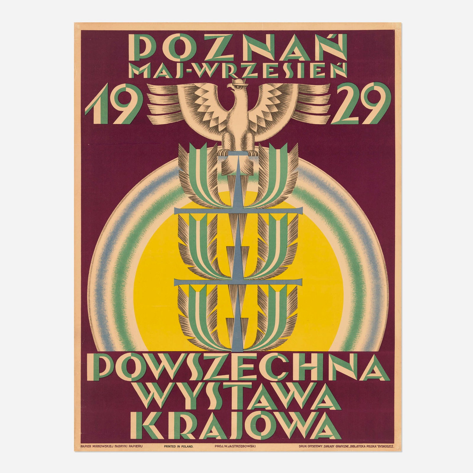 Wojciech Jastrzebowski, Powszechna Wystawa Krajowa vintage poster: Wojciech Jastrzebowski Powszechna Wystawa Krajowa vintage poster 1929 35.25 h x 27.125 w in (90 x 69 cm) This poster advertised the Polish General Exhibition (Powszechna Wystawa Krajowa) held in Poz