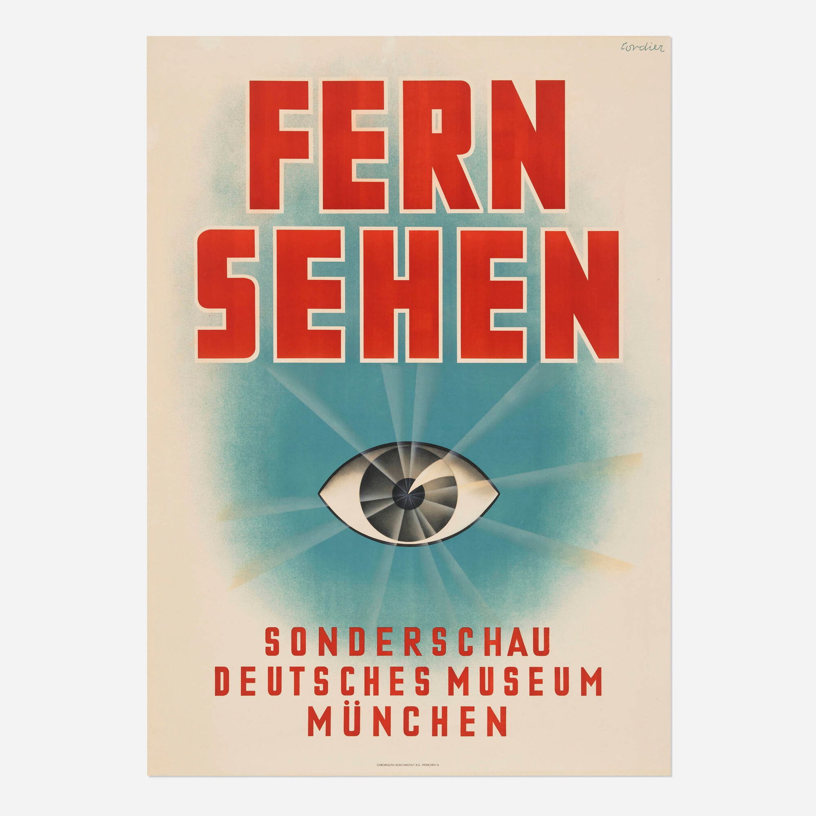 Eugene M. Cordier, Deutsches Museum Munchen / Fern Sehren vintage poster: Eugene M. Cordier Deutsches Museum Munchen / Fern Sehren vintage poster 1937 46.5 h x 33 w in (118 x 84 cm) Created to promote the Deutsches Museum's special exhibition on television in Munich,