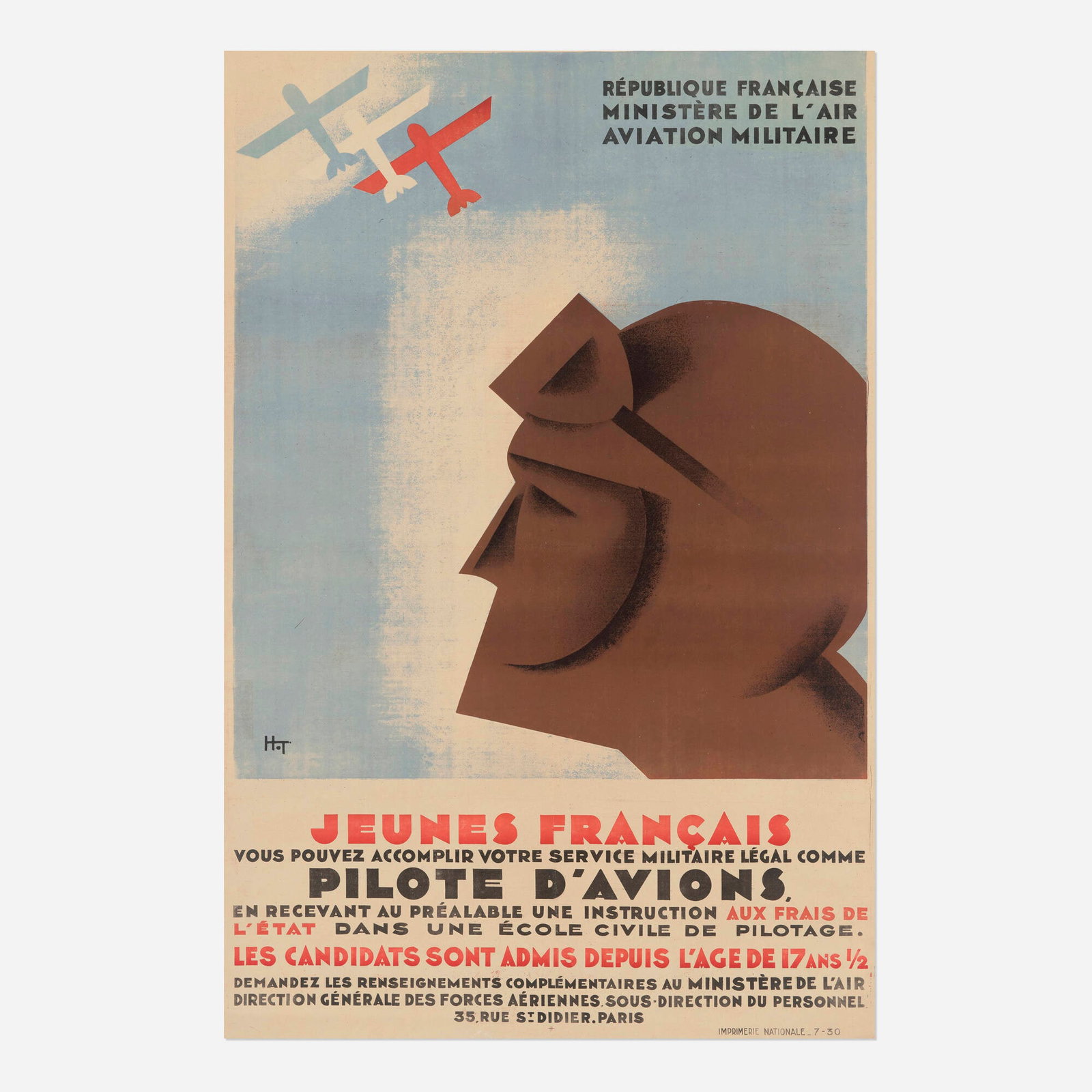 HOT, Jeunes Francais / Pilote d'Avions vintage poster: HOT Jeunes Francais / Pilote d'Avions vintage poster 1930 46.75 h x 30.875 w in (119 x 78 cm) This recruitment poster for the French Air Ministry (Ministere de l'Air), created after its establi