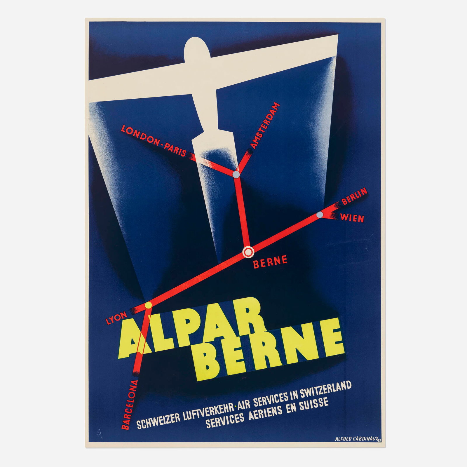 Alfred Cardinaux, Alpar Berne vintage poster: Alfred Cardinaux Alpar Berne vintage poster 1933 39.25 h x 27.5 w in (100 x 70 cm) A year after his celebration of Art Deco for Chevrolet, Cardinaux would launch himself into Peak Art Deco for Berne