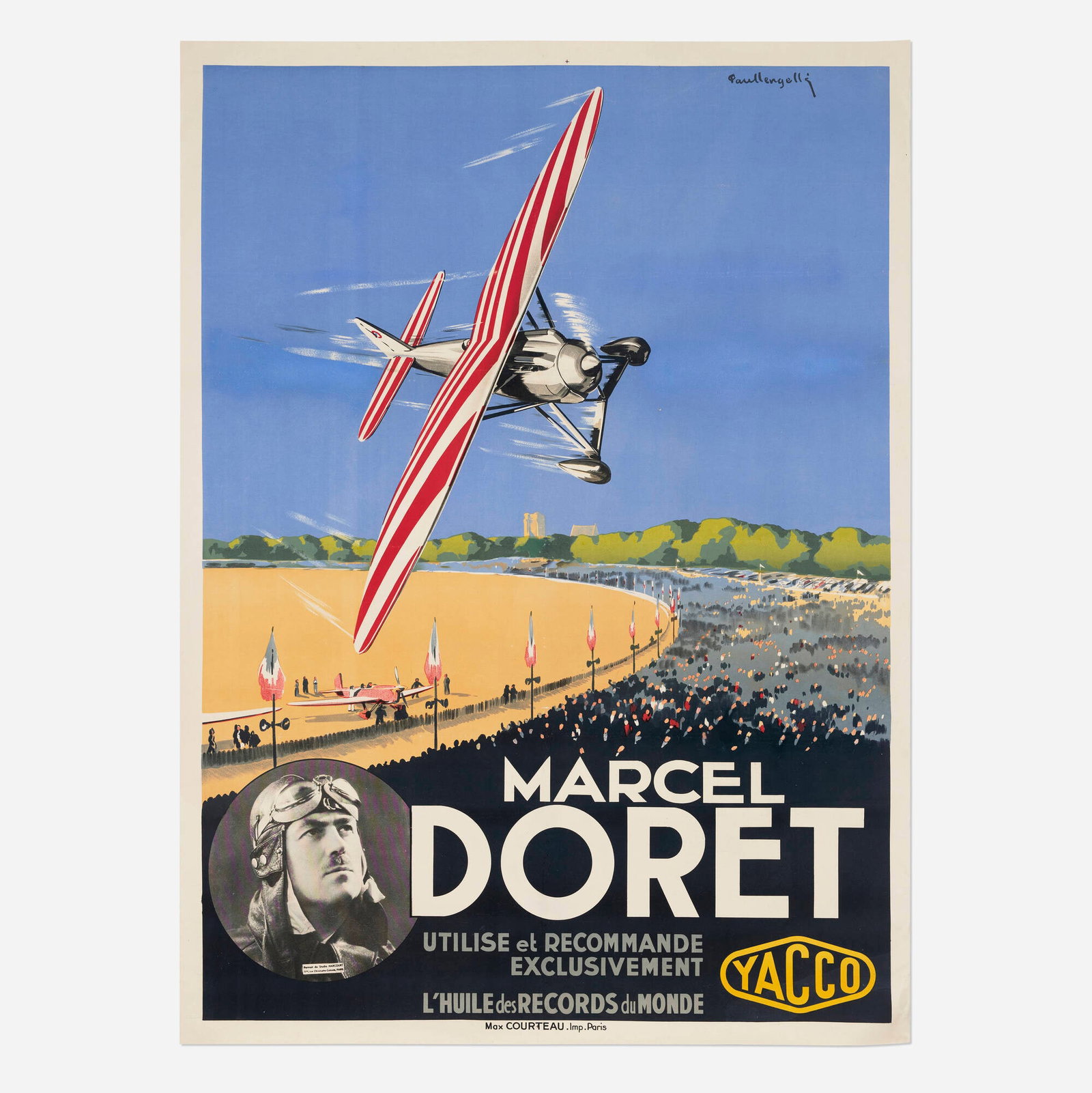 Paul Lengelle, Marcel Doret / Yacco vintage poster: Paul Lengelle Marcel Doret / Yacco vintage poster c. 1930 62.25 h x 45.5 w in (158 x 116 cm) French flying ace Marcel Doret is best known today as one of the pioneers in establishing an Aeropostale