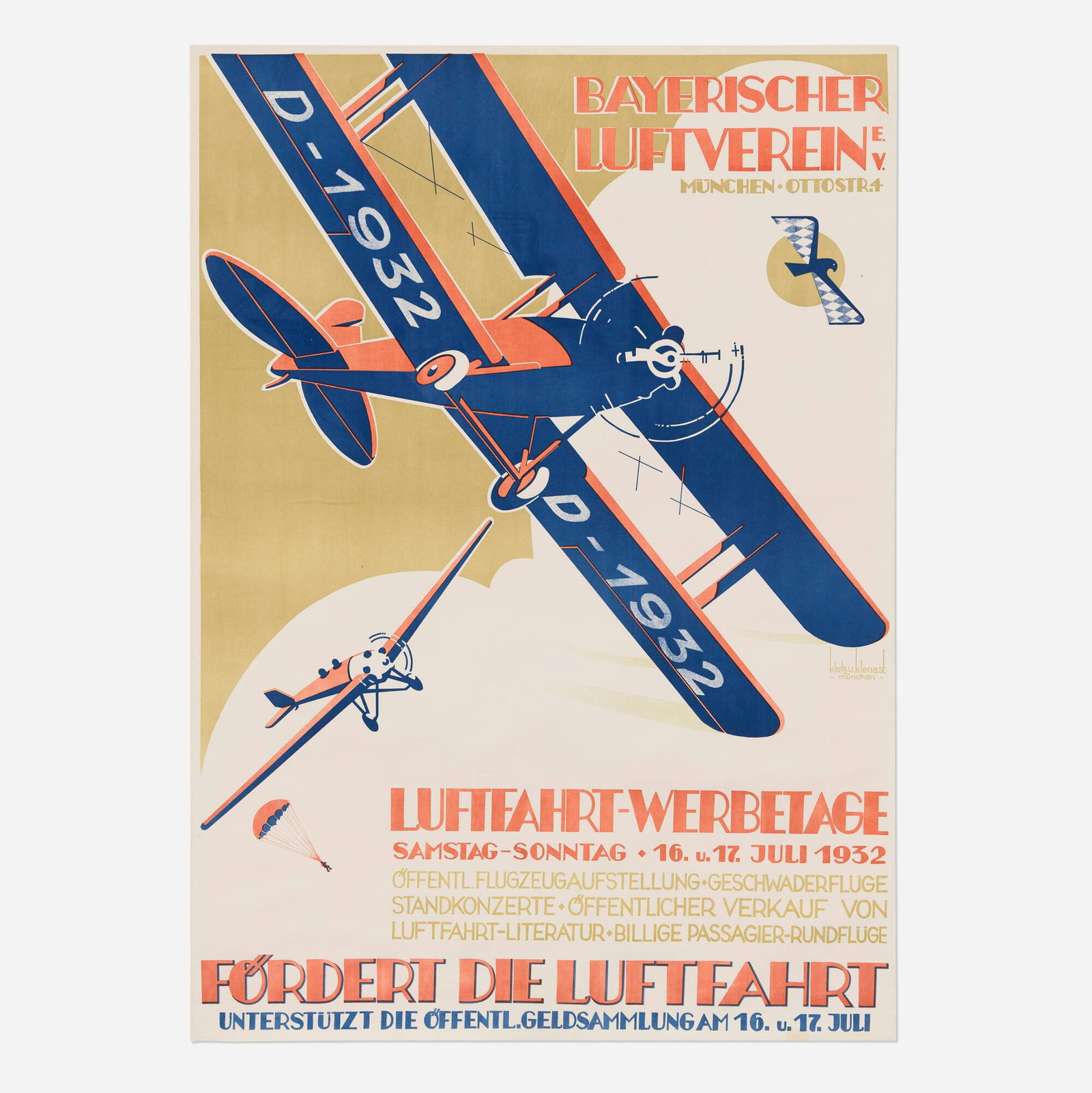 Klotz & Kienast, Bayerischer Luftverein / Luftfahrt-Werbetage (Rare vintage poster): Klotz & Kienast Bayerischer Luftverein / Luftfahrt-Werbetage (Rare vintage poster) 1932 46.25 h x 35.5 w in (117 x 90 cm) The Bavarian Flying Club held a weekend aviation fest to encourage inter