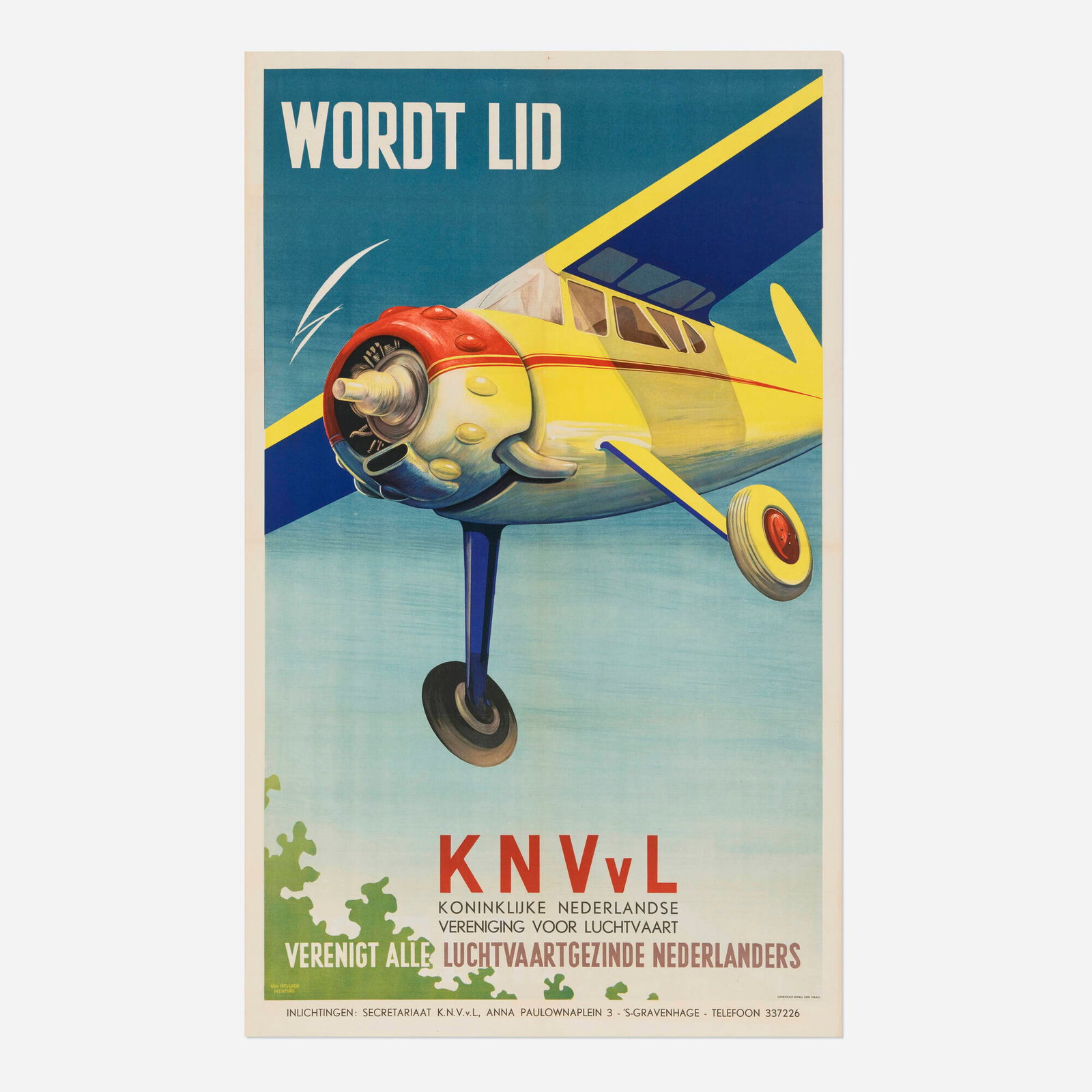 Van Heusden & Menting, KNVvL vintage poster: Van Heusden & Menting KNVvL vintage poster 1936 41.375 h x 25.25 w in (105 x 64 cm) You can almost hear and feel the buzzing yowl of this propeller plane zooming into the frame. "Become a member